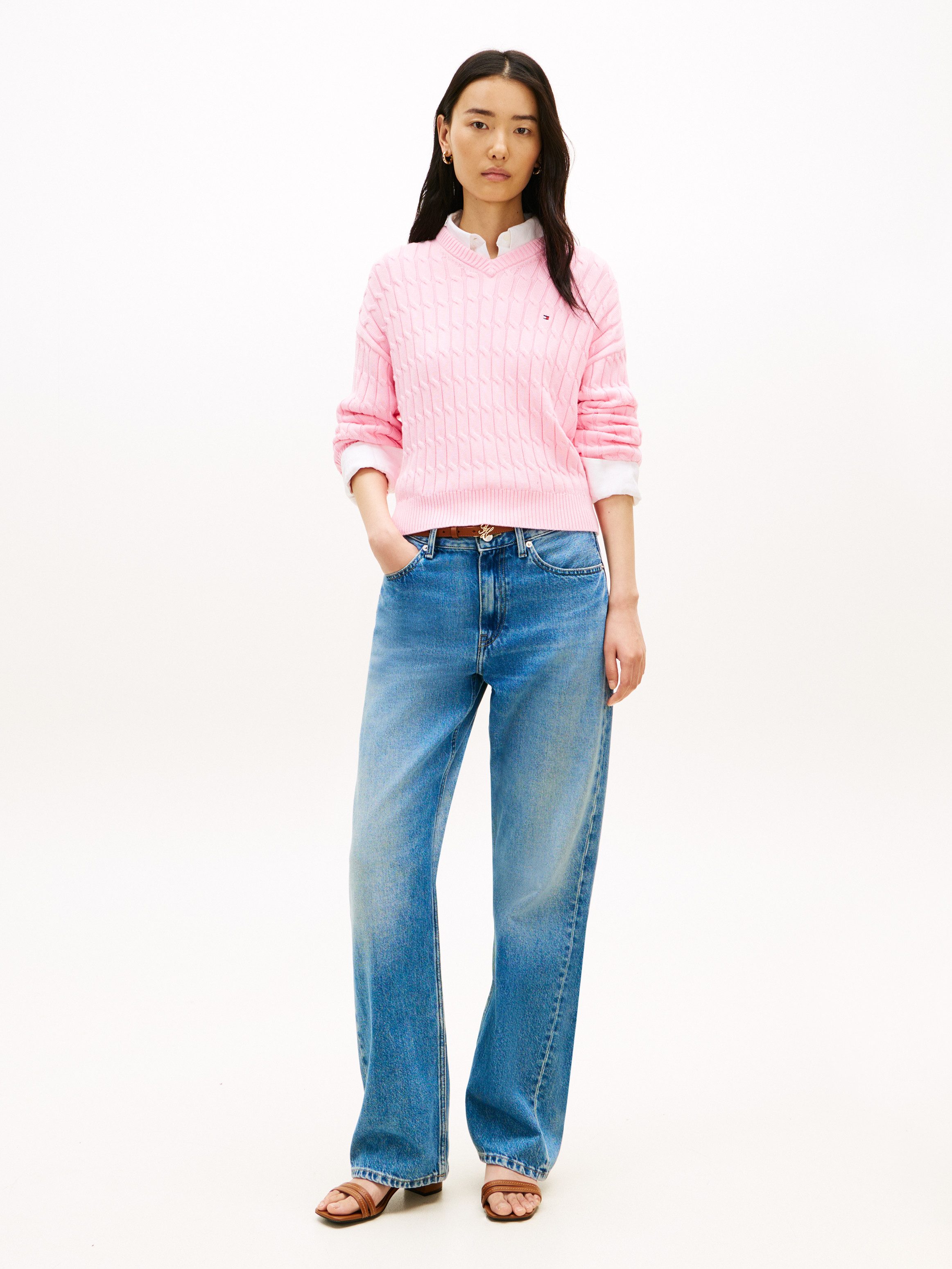 Tommy Hilfiger Strickpullover CO CABLE MID GG RLX LS V-NK SWT mit Zopfmuster