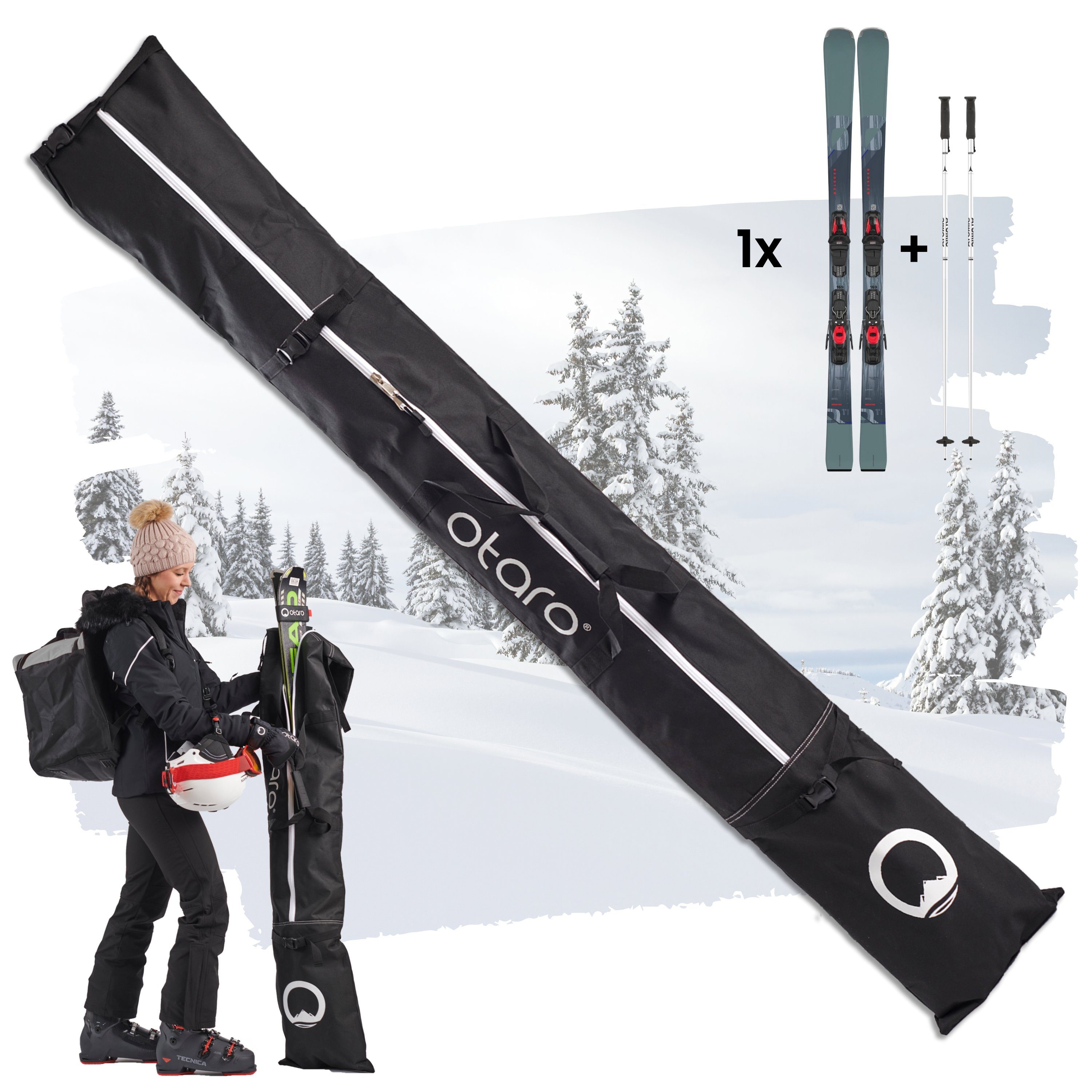 Otaro Skitasche Skitasche mit Schultergurt Skisack zum umhängen, Für 1 oder 2 Paar (Schutz für Ski & Stöcke, Perfekt durchdacht, Rolltop längenverstellbar, für Skifahren/Langlauf) Für 1 Paar Ski (Schwarz)