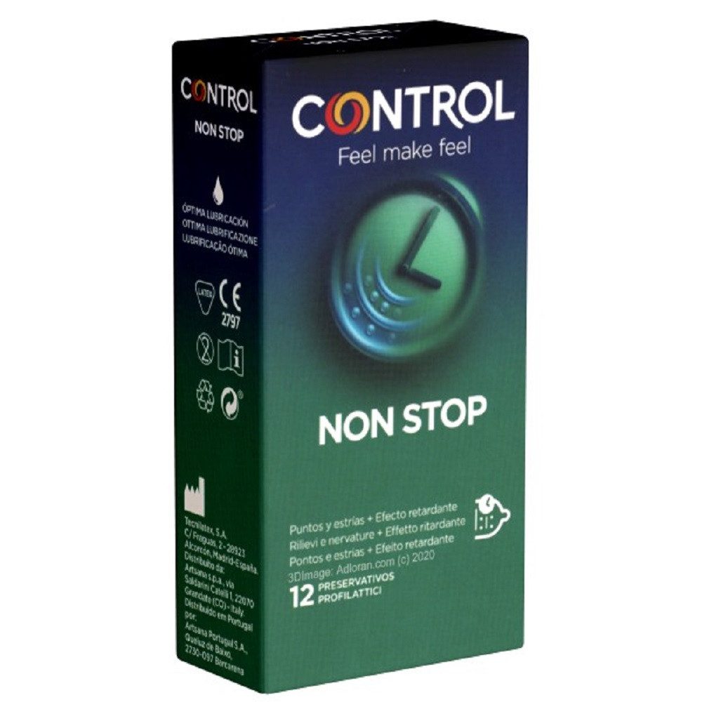 CONTROL CONDOMS Kondome Non Stop (Dots & Lines) Packung mit, 12 St., Kondome gegen vorzeitigen Samenerguss, gerippt/genoppte Kondome für längere Liebe