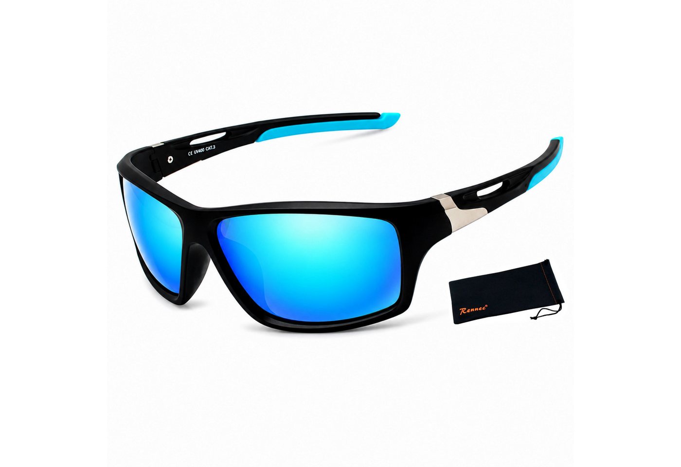 Rennec Sonnenbrille Herren Outdoor Sportbrille Gläser Polarisiert Blau Verspiegelt Wrap Around Rahmen Schwarz Matt Polarisierte Linsen Brillenbeutel