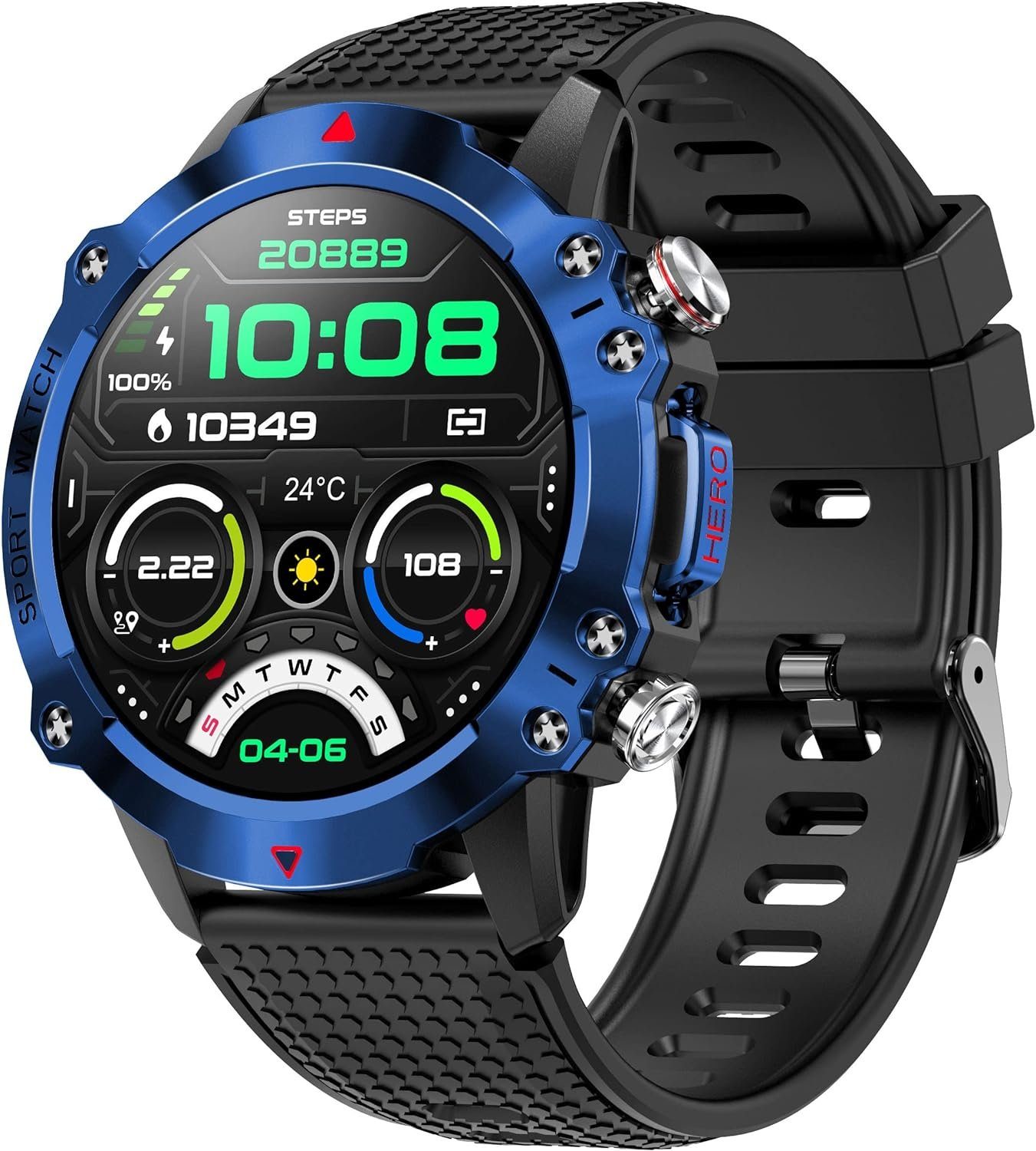 findtime Smartwatch (1,39 Zoll, Android, iOS), mit Blutdruckmessung  Wasserdicht Militär Uhr Schrittzähler Sportmodi