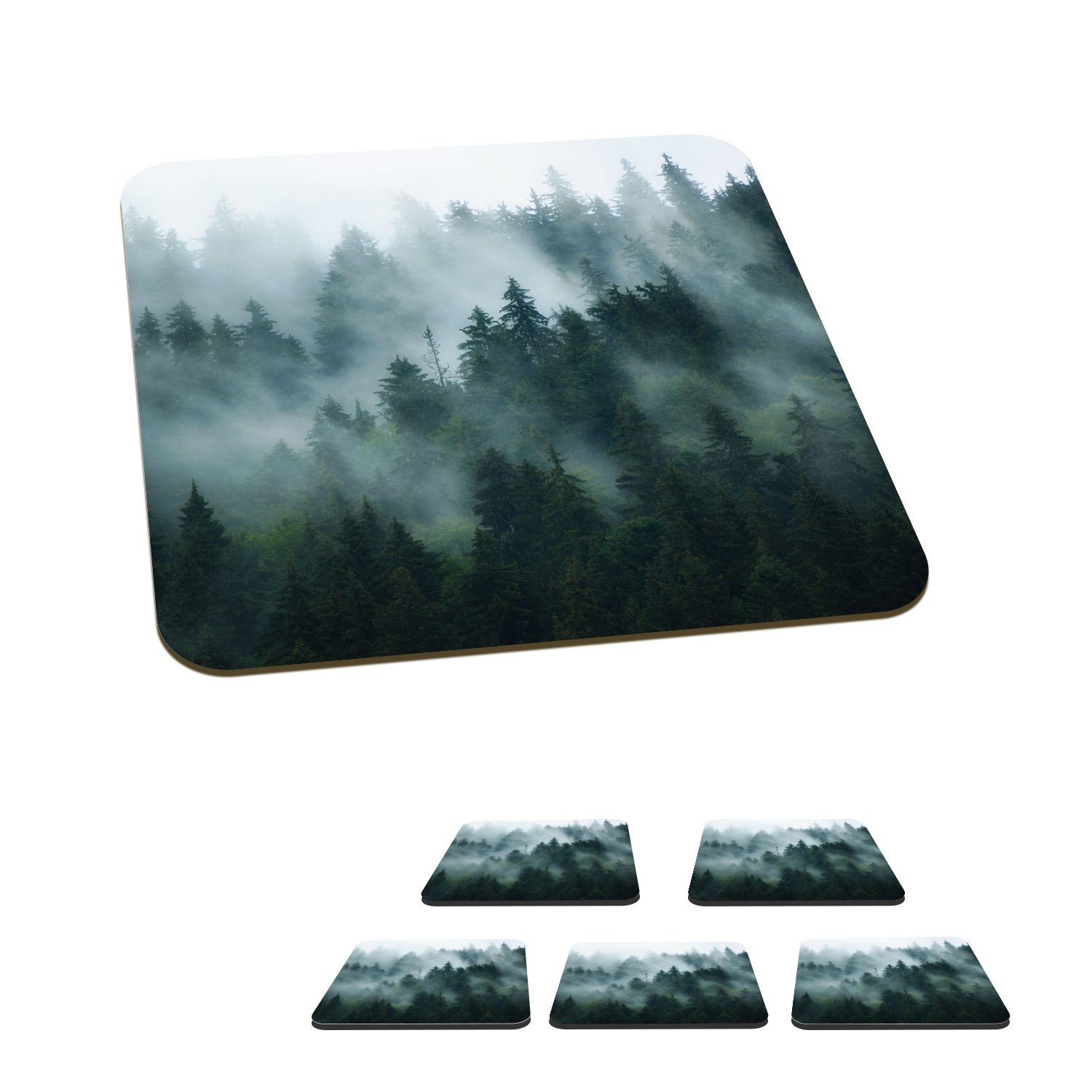 MuchoWow Glasuntersetzer Nebel - Bäume - Wald, Zubehör für Gläser, 6-tlg., Glasuntersetzer, Tischuntersetzer, Korkuntersetzer, Untersetzer, Tasse