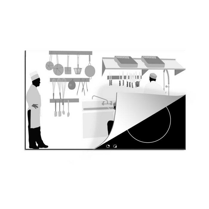 MuchoWow Herdblende-/Abdeckplatte Eine Illustration von einigen Köchen in einer Küche - schwarz und weiß Vinyl (1 tlg) Ceranfeldabdeckung für die küche Induktionsmatte