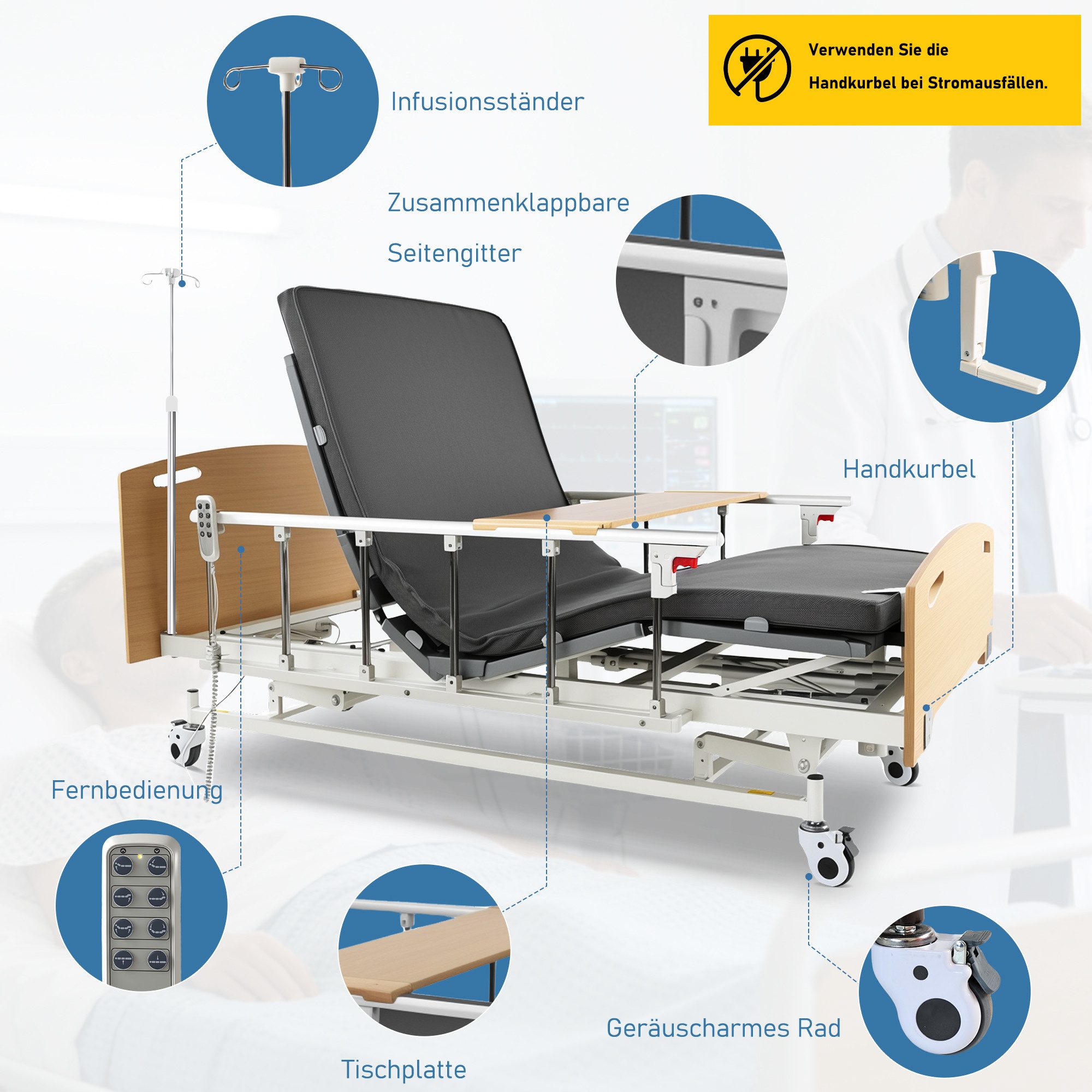 Vankel Bett Elektrisches Pflegebett mit 4 Funktionen, Matratze & max.205kg (Seitenschutz und Lattenrost inklusive, elektrisch verstellbar), mit Fernbedienung, Seitengittern, Tischplatte & Infusionsständer