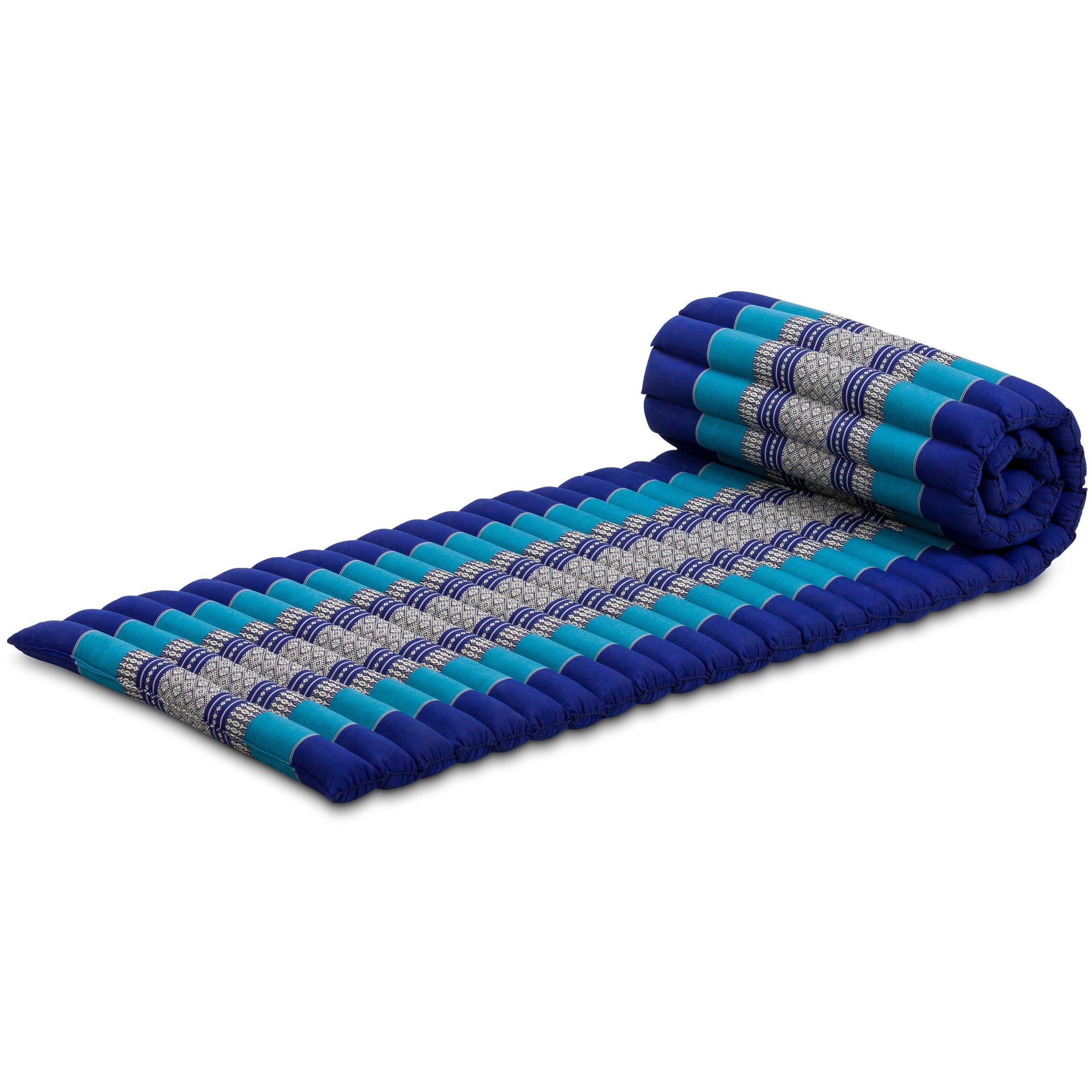 Reisebett-Matratzen Rollmatte 50 cm breit, vegan und handgefertigt, 210x50x4,5cm, livasia, 4,50 cm hoch, Kapok Blau