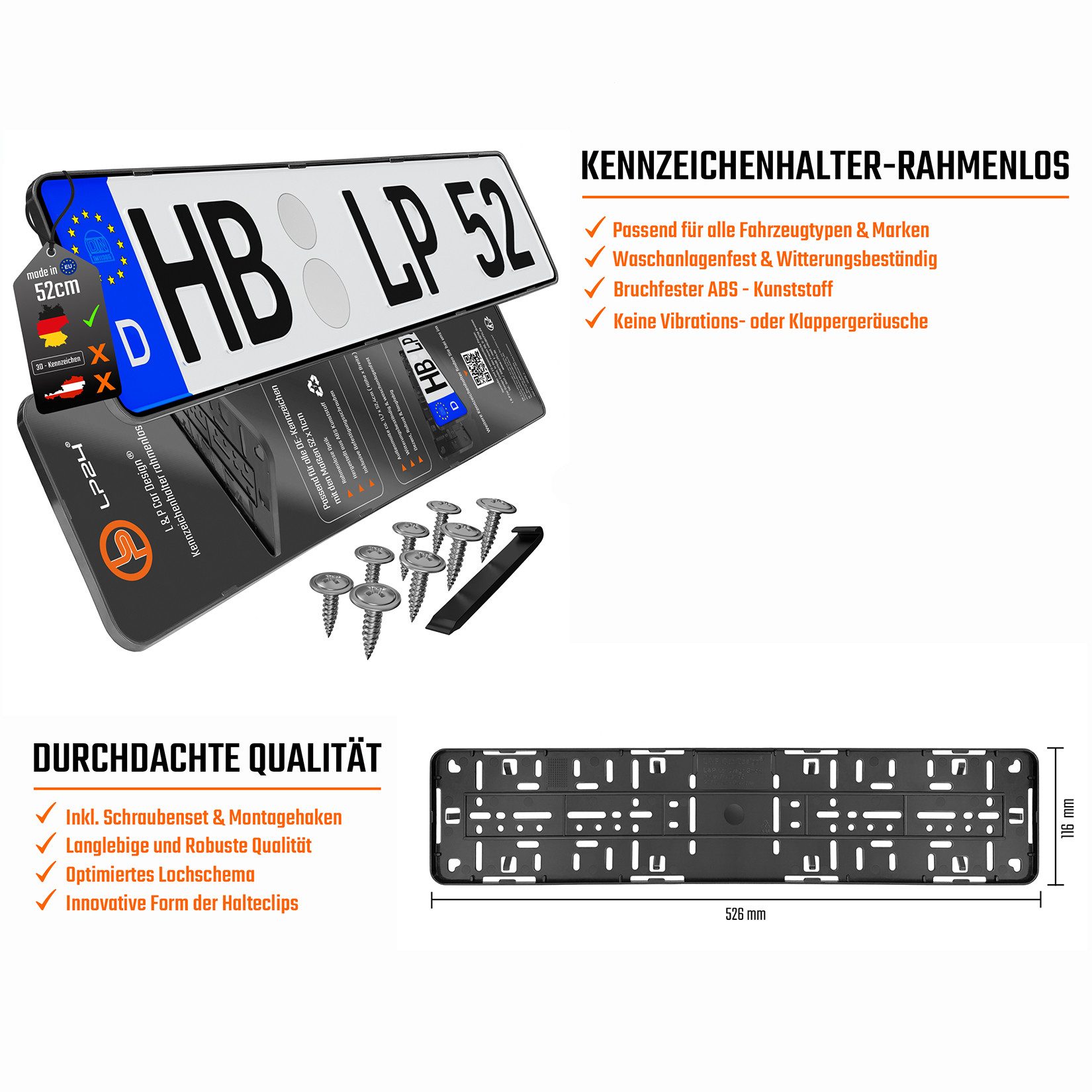 L & P Car Design Kennzeichenhalter für Auto rahmenlos Schwarz dezent sicher langlebig, (2-St) – Bild 4 von 5