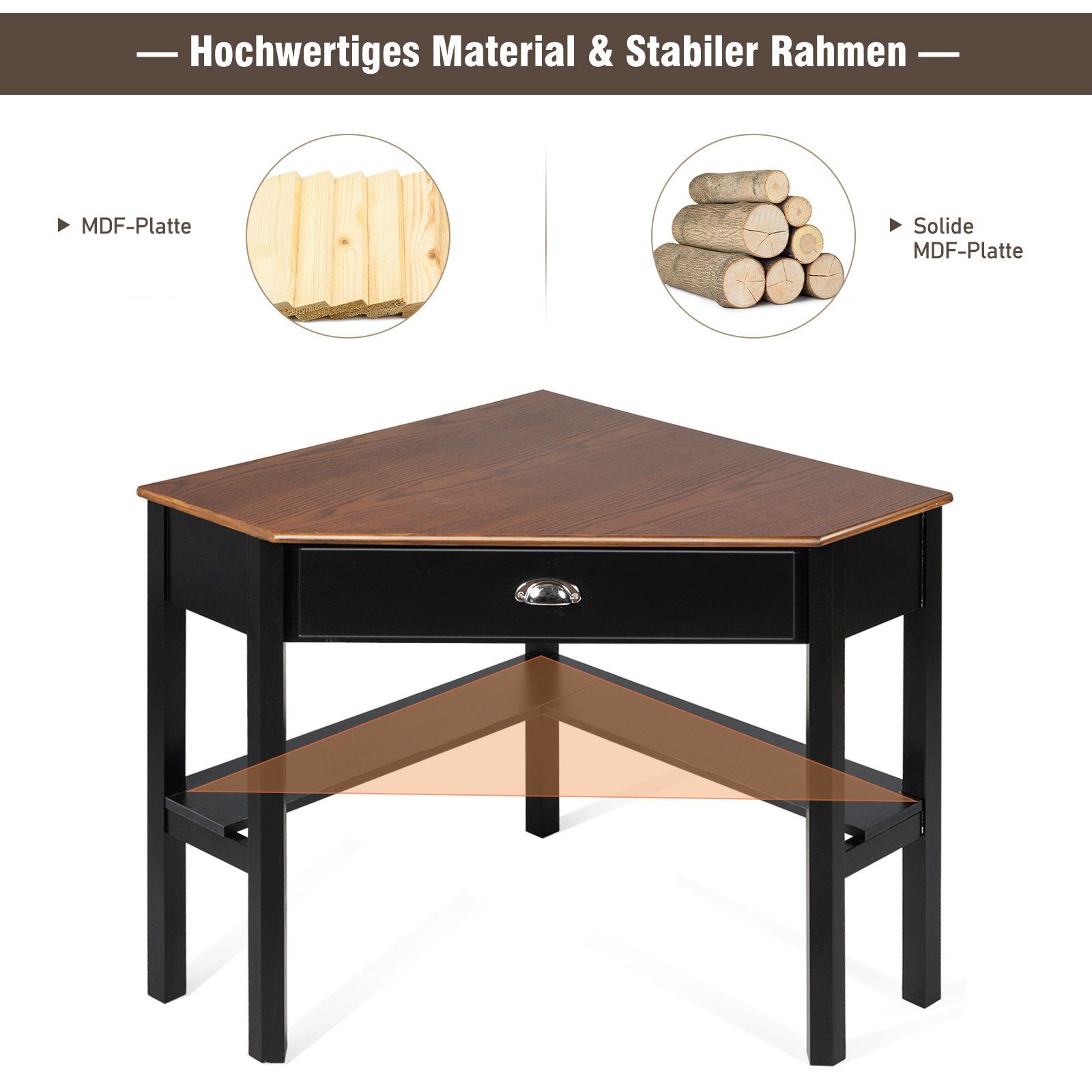 Schublade 75 Ablagen, Holz, Braun Eckschreibtisch, x x cm & mit 2 75 COSTWAY 76