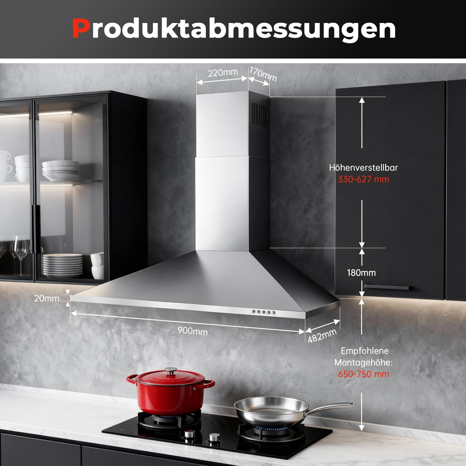 SNDOAS Kopffreihaube Dunstabzugshaube, Edelstahl – Wandhaube inkl. Aktivkohlefilter, A+++ Dunstabzugshaube, Edelstahl – Wandhaube inkl. Aktivkohlefilter, A+++, Konvertierbar Abluft/Umluft inkl. Aktivkohlefilter, 90cm, 450m³/h