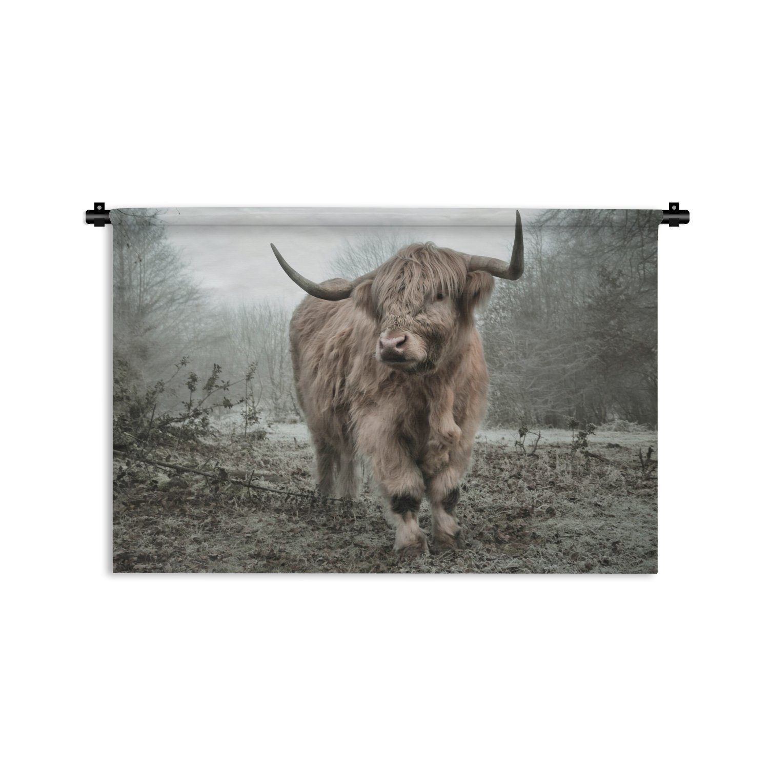 MuchoWow Wanddekoobjekt Schottischer Highlander - Wald - Nebel - Kuh - Tiere - Natur, Wanddeko für Wohnzimmer, Schlafzimmer, Kleid, Wandbehang, Kinderzimmer