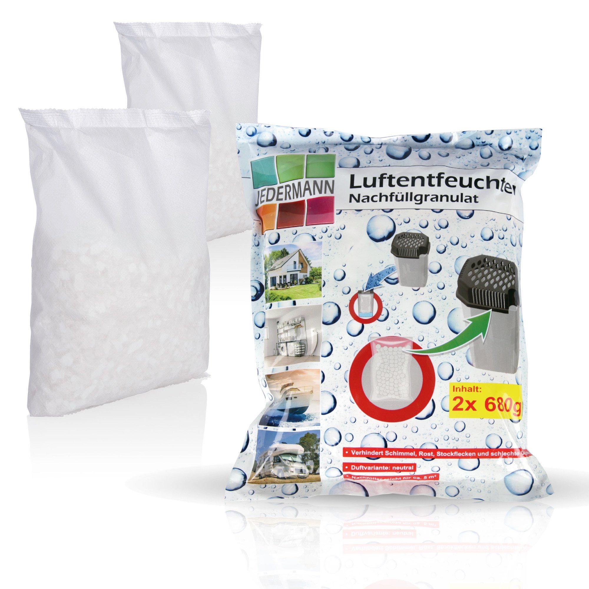 Bestlivings Granulat-Luftentfeuchter mit Ausgießfunktion, für 55 m³ Räume, Tank 0,50 l, Raumentfeuchter inkl. Granulat, wiederverwendbar