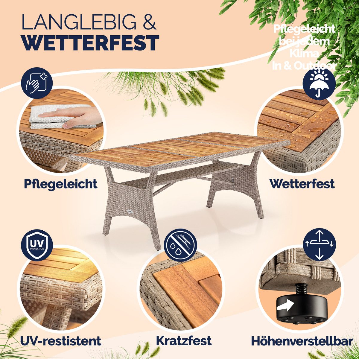 Casaria Gartentisch (1-St), Polyrattan mit Ablage FSC®- zertifiziertes Akazienholz 190x90cm