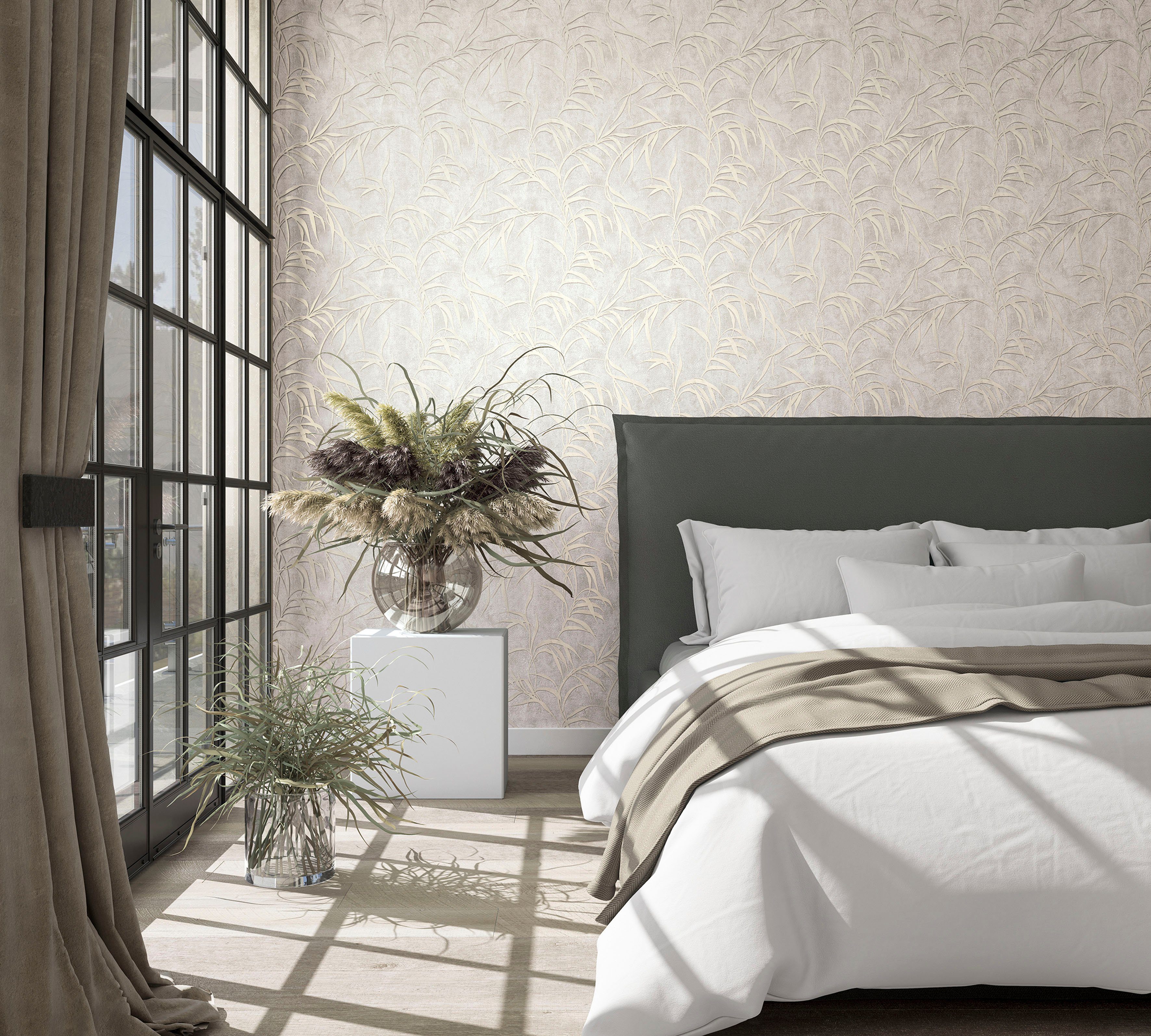 Marburg Vliestapete Fern, strukturiert, glänzend, moderne Vliestapete für Wohnzimmer Schlafzimmer Küche beige