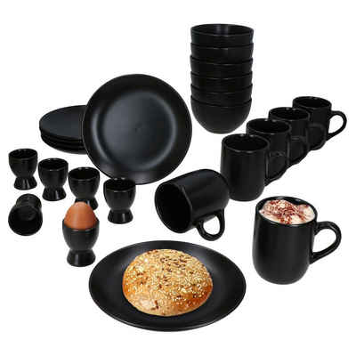 MamboCat Frühstücks-Geschirrset 24tlg Frühstücksset Panther schwarz 6 Personen, Steingut