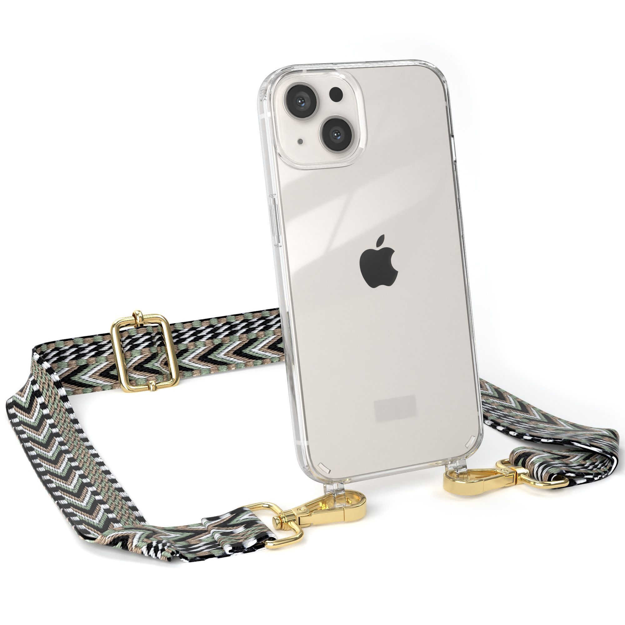 EAZY CASE Handykette Boho Umhängeband für Apple iPhone 13 6,1 Zoll, Body Bag Riemchen Wechselband Ersatzgurt klare Hülle Silicon Case Grün