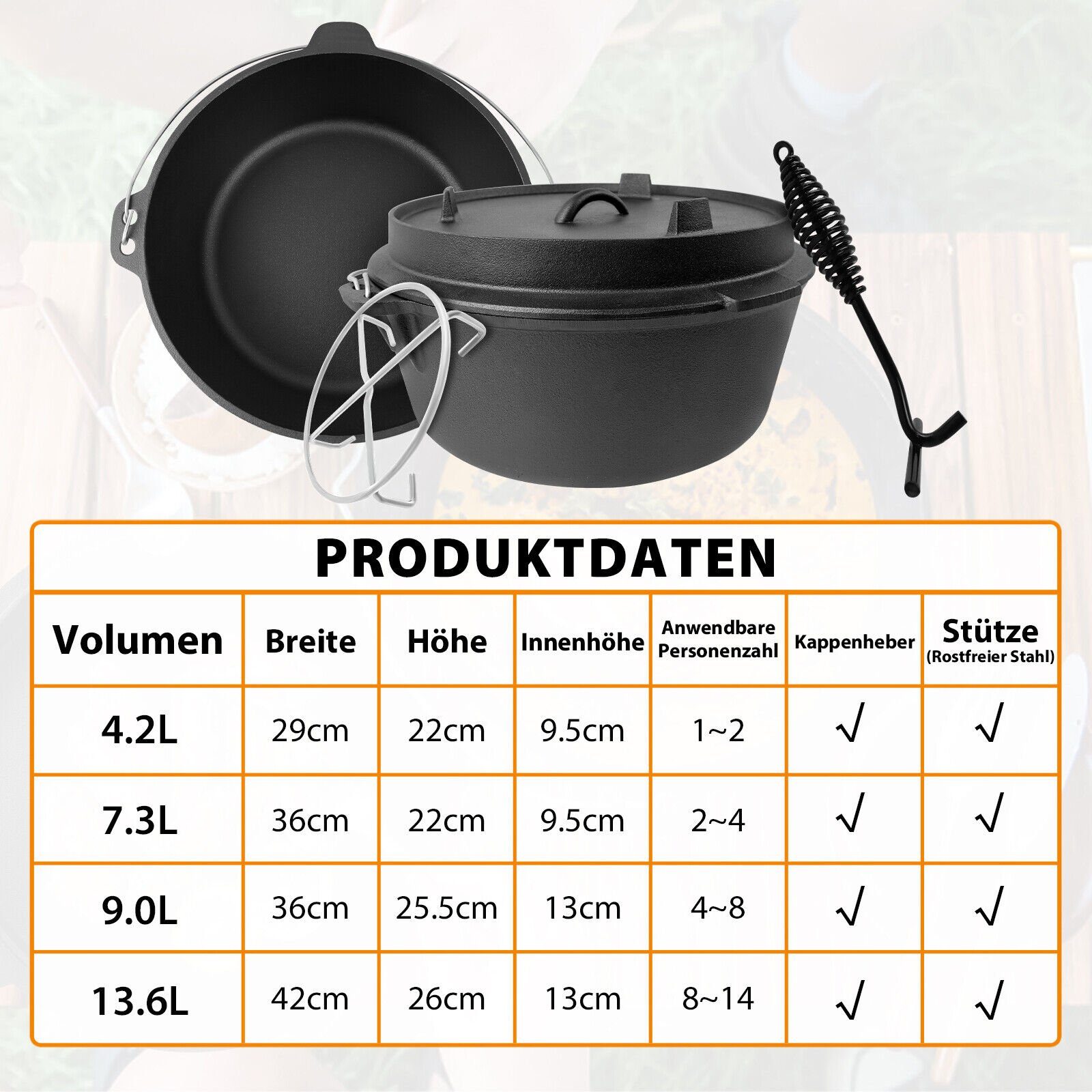 L Grilltopf Dutch 4.2/7.3/9/13.6 AUFUN Set, Oven BBQ Feuertopf