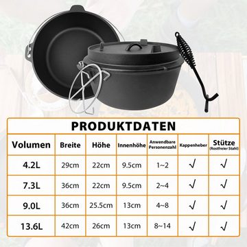AUFUN Grilltopf 4.2/7.3/9/13.6 L Dutch Oven Set, BBQ Feuertopf