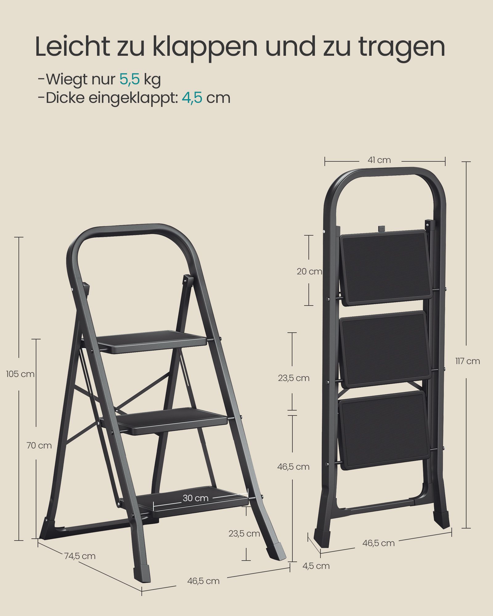 SONGMICS Trittleiter Leiter, Klappsicherung, einfach zu verstauen, bis 150 kg belastbar, mit 3 Stufen, Klapptritt, 74,5 x 46,5 x 105 cm (T x B x H)