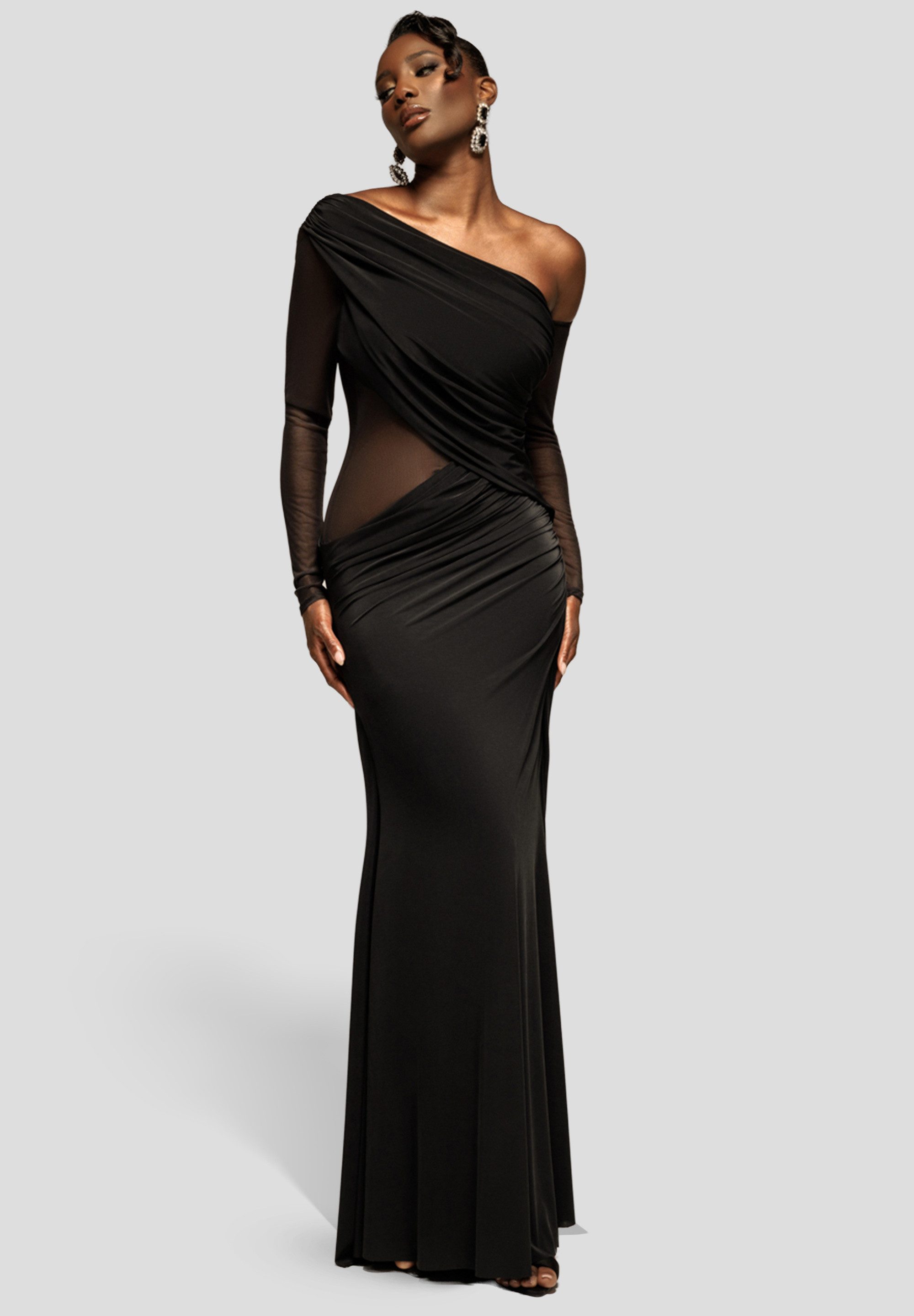 Goddiva Maxikleid Gathered Cowl Asymmetric Mesh And Soft Touch Maxi Dress L günstig online kaufen
