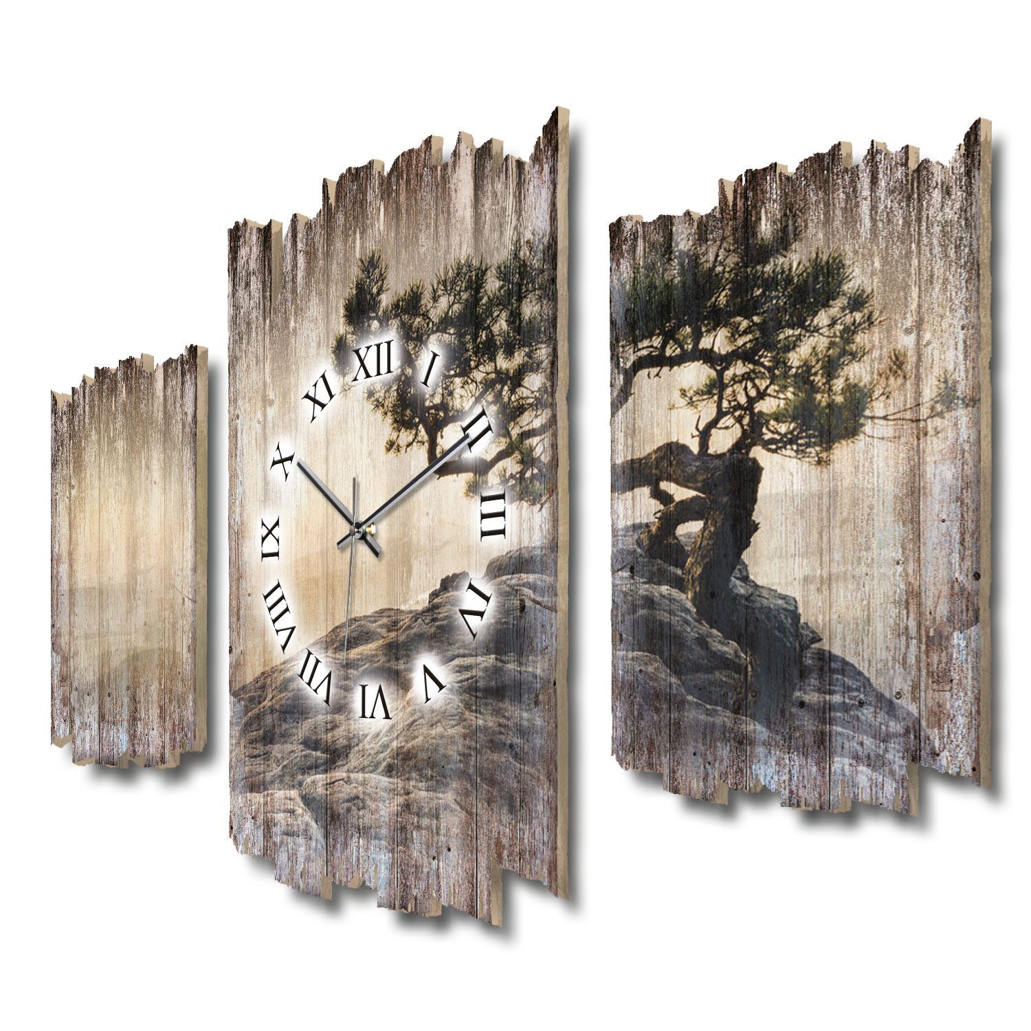 Kreative Feder Wanduhr 3-teilige DESIGNER-Wanduhr „Einsamer Baum“ im Shabby günstig online kaufen