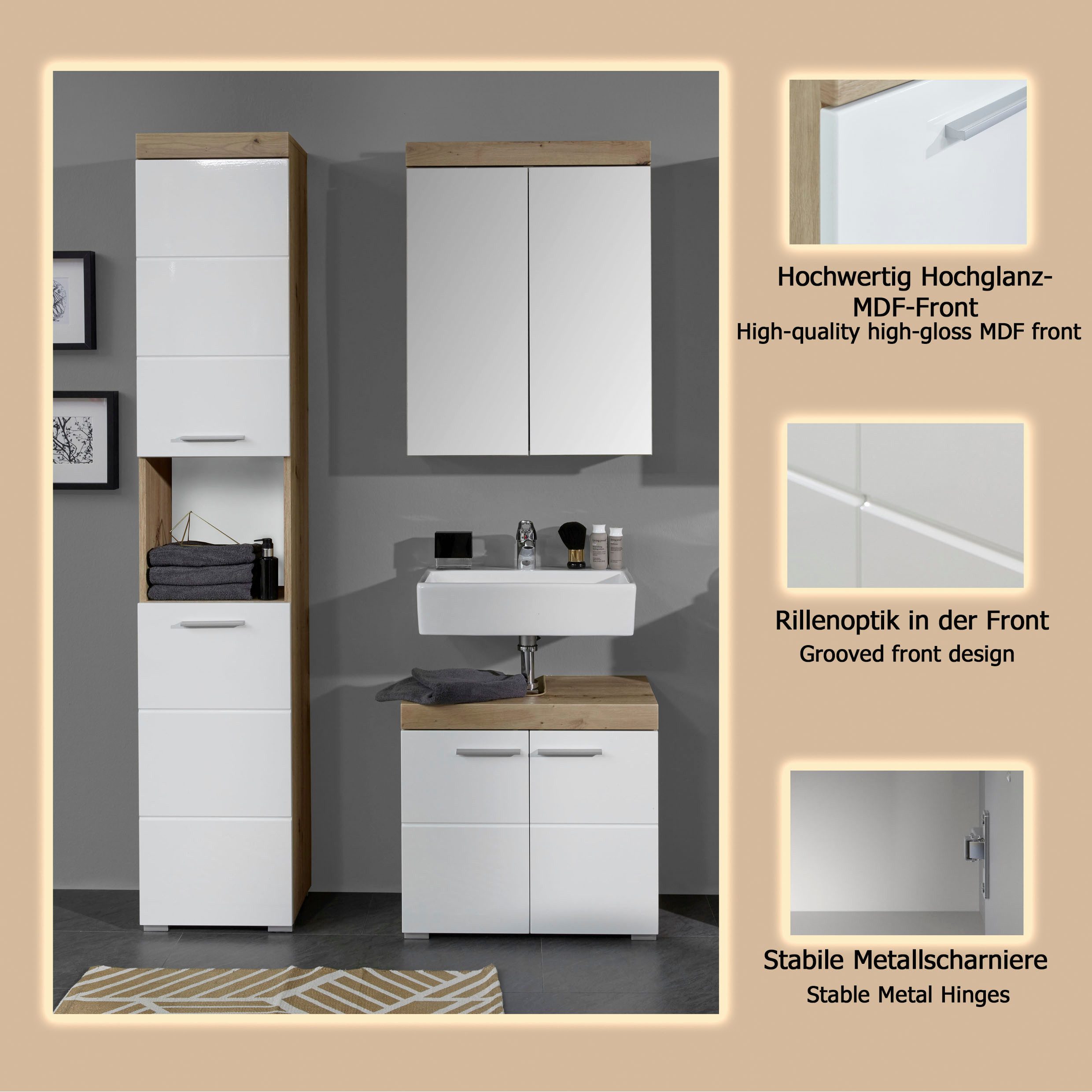 welltime Badmöbel-Set Avena, (Set, 3-St), Badmöbel-Set: Hochschrank, Spiegelschrank & Waschbeckenunterschrank