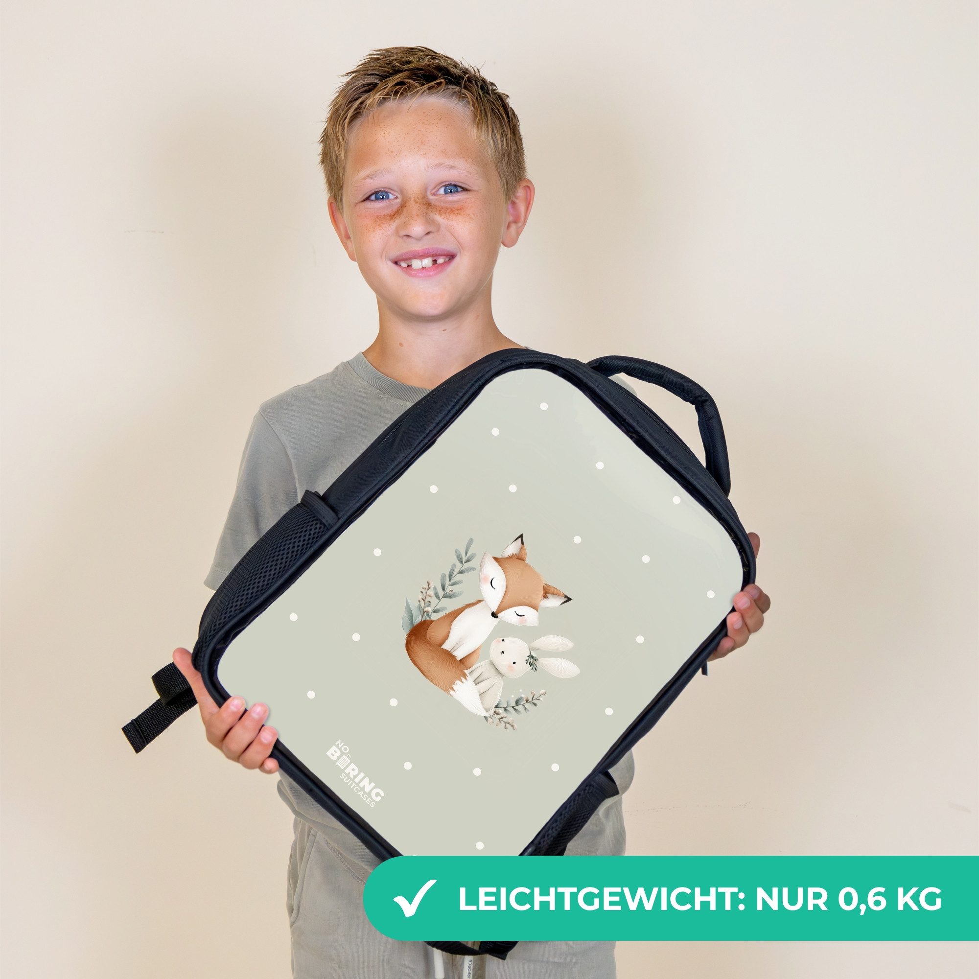 NoBoringSuitcases.com© Rucksack Fuchs und Kaninchen umgeben von grünen Blättern und Punkten, Kinderrucksack Schwarz, Schulrucksack, Freizeitrucksack Jungen Mädchen