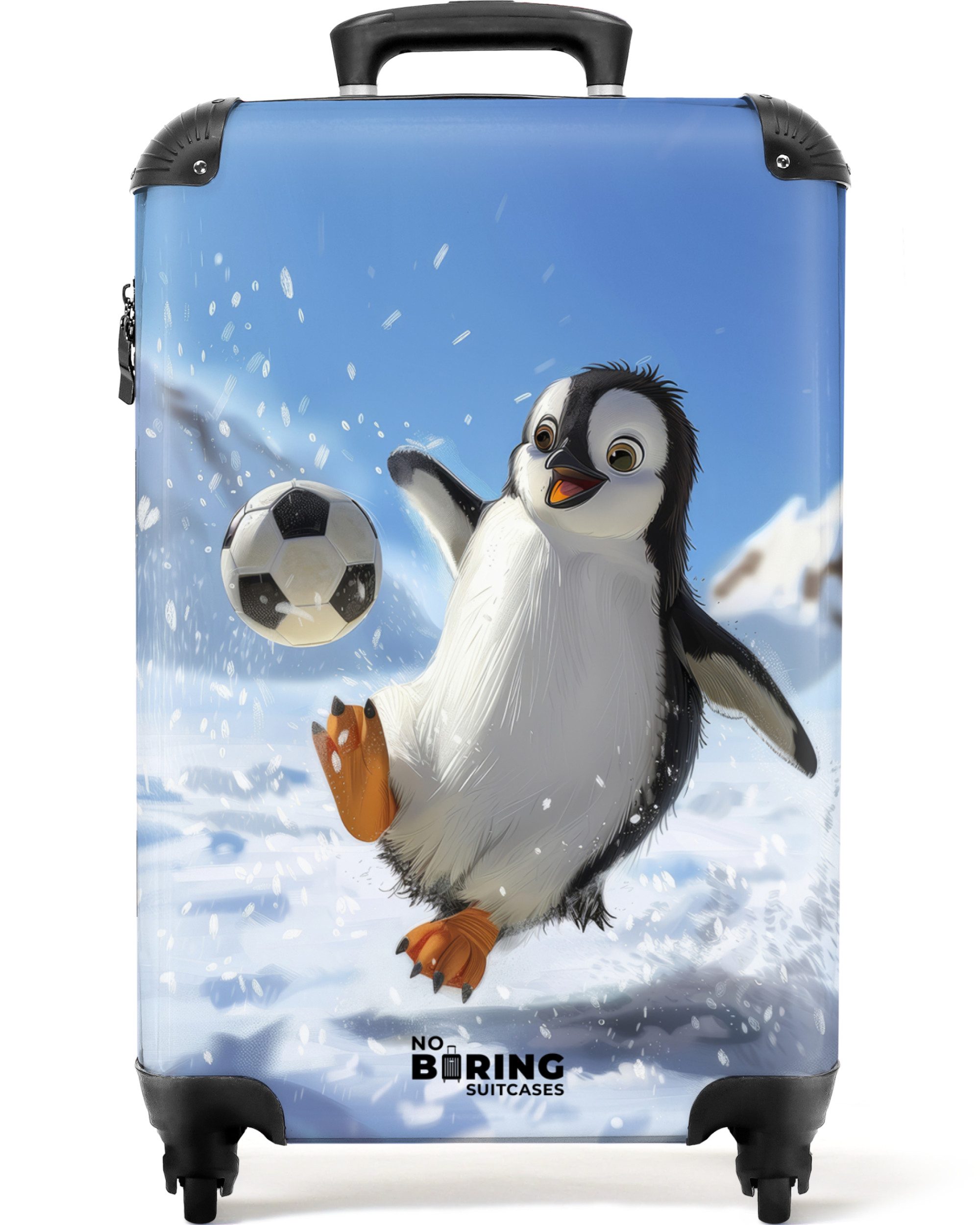 Kinderkoffer Pinguin mit Fußball in einer verschneiten Landschaft 55x35x20cm