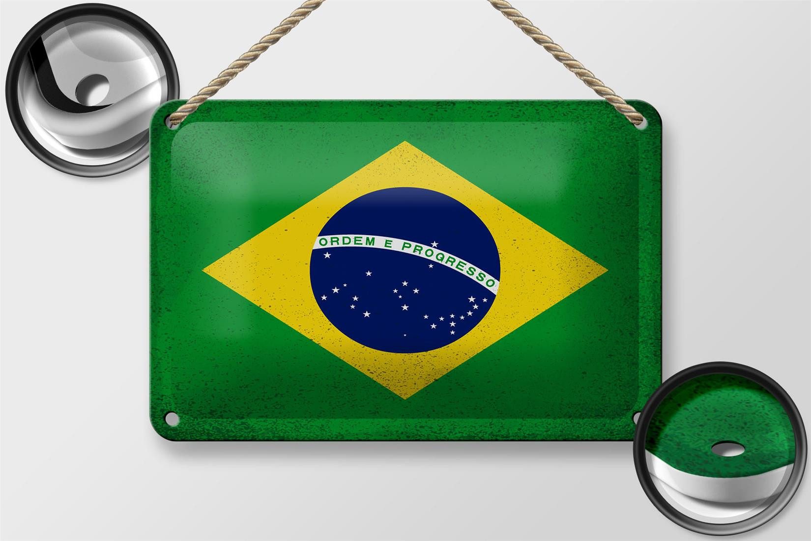 Femer GmbH Metallschild Flagge Brasilien 18x12cm Flag of Brazil Vintage, (1 St), gewölbte Oberfläche, abgerundete Ecken, umgeschlagene Kanten