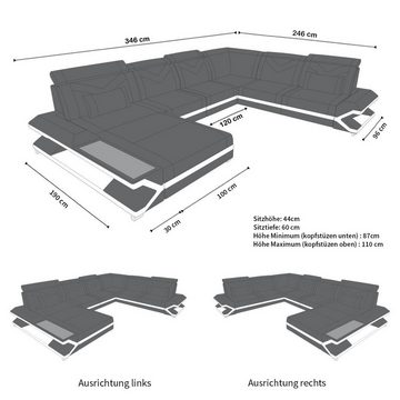 Sofa Dreams Wohnlandschaft XXL Ledersofa Napoli U Form Mini, Designersofa, Sofa mit Licht und USB
