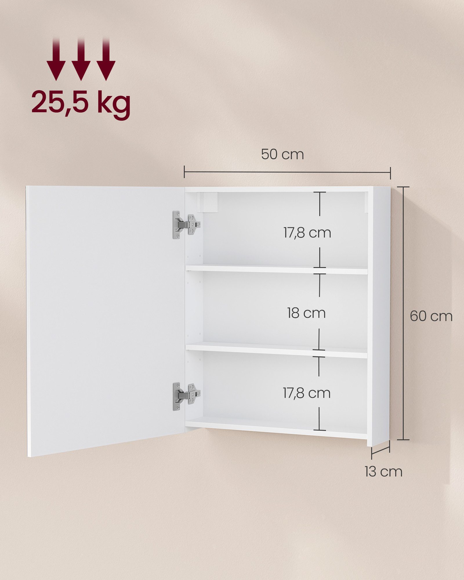 VASAGLE Spiegelschrank Badezimmerschrankmit verstellbaren Regalebenen, Aufbewahrungsschrank 50 x 13 x 60 cm, fürs Badezimmer, modern basic, mit 1 Tür – Bild 5 von 5
