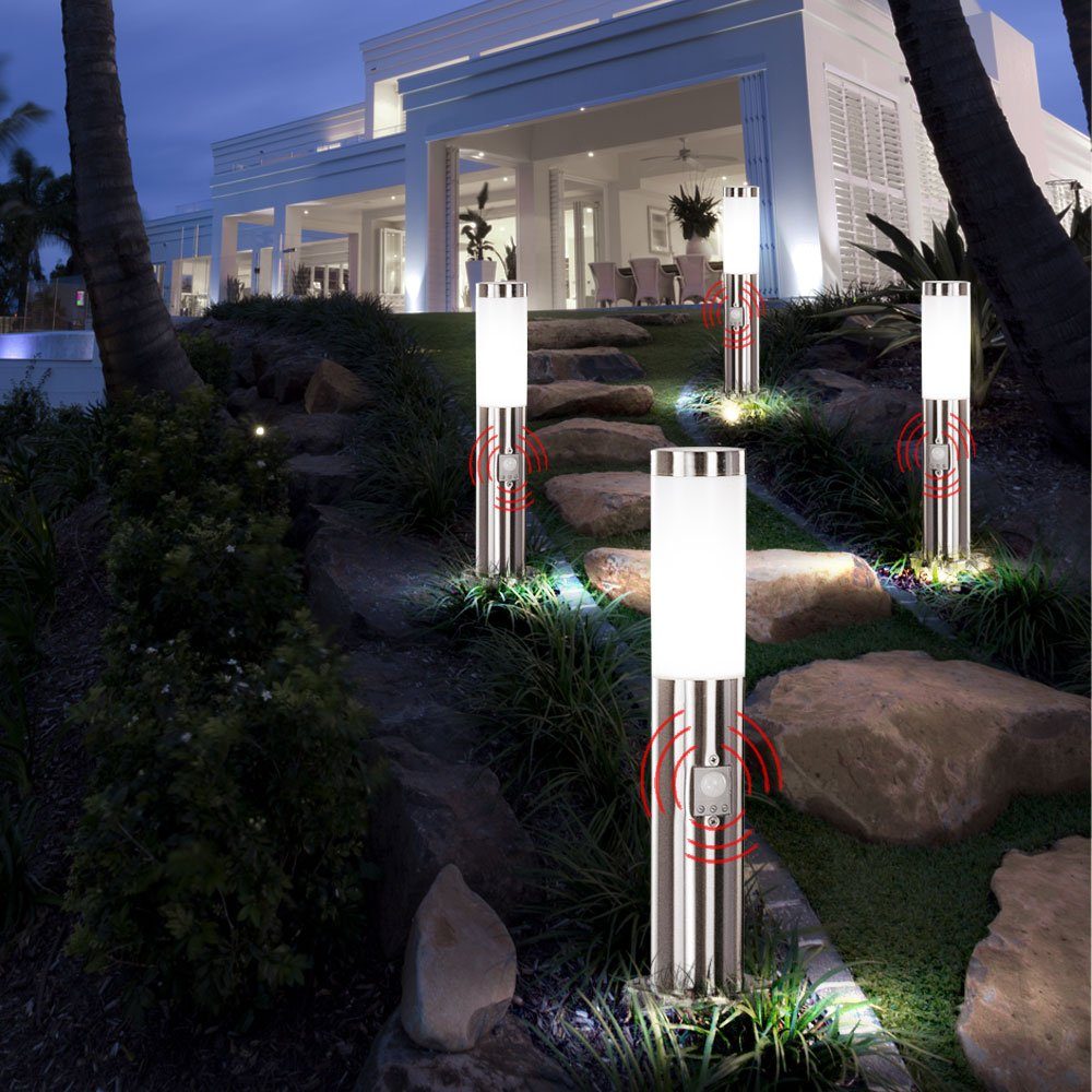 Leuchte Steh Stand Außen-Stehlampe, im Bewegungsmelder LED Leuchtmittel inklusive, Warmweiß, etc-shop Edelstahl silber Garten Lampe