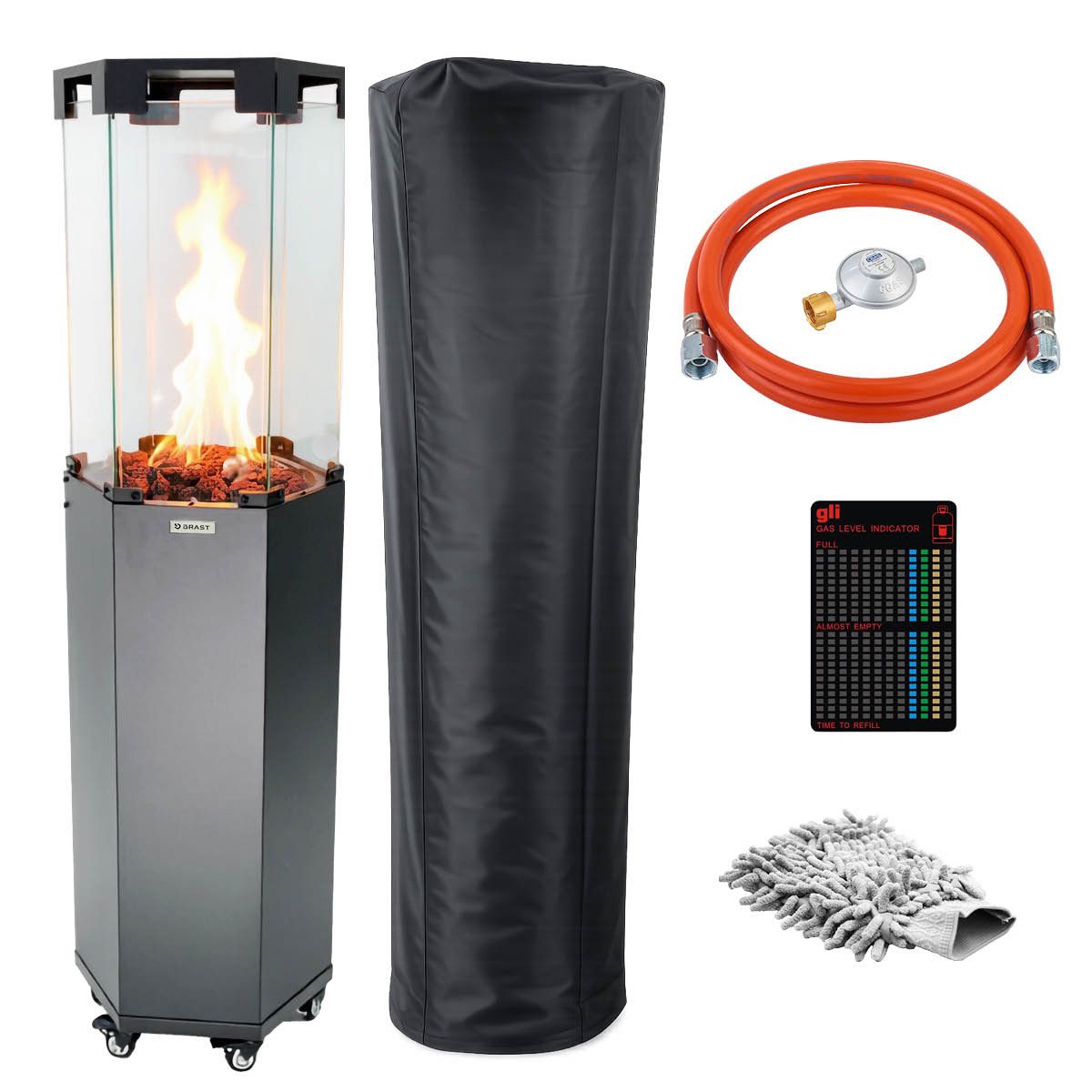 BRAST Heizstrahler Gasheizer FLAME, 2-stufige Heizleistung, 6-seitiges Feuerglas, 6-seitiges Feuerglas, inkl. XL Zubehör-Set, Piezo-Zündung
