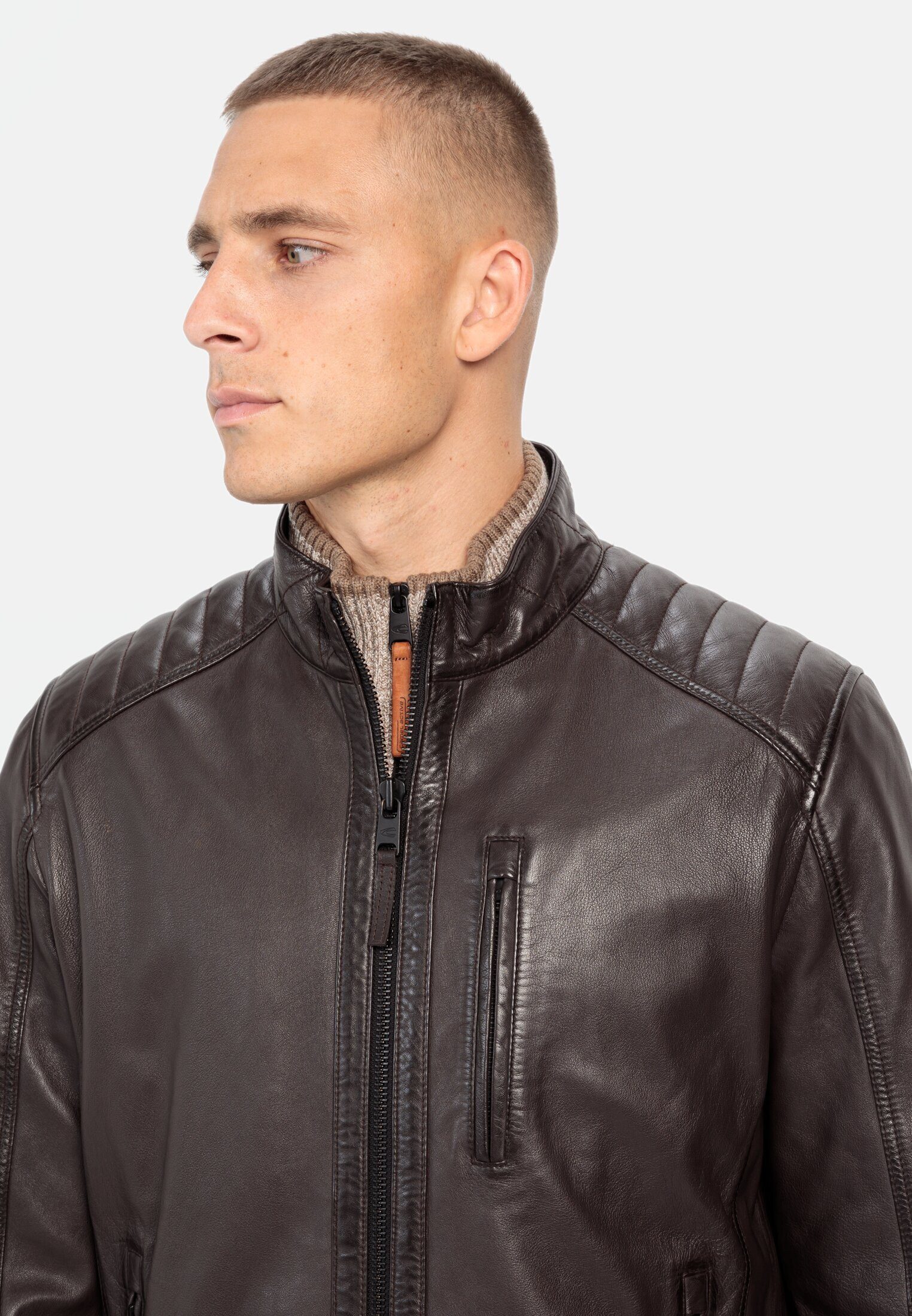 camel active Lederjacke mit Stehkragen Langarm