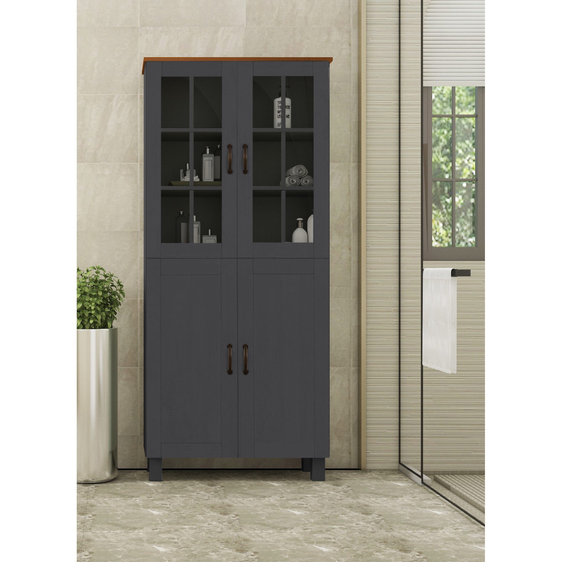 loft24 Hochschrank Dorte - Küchenschrank Mehrzweckschrank Vitrinenschrank Küchenbuffet 2 Holztüren, 2 Glastüren, Kiefer Massivholz, Landhausstil