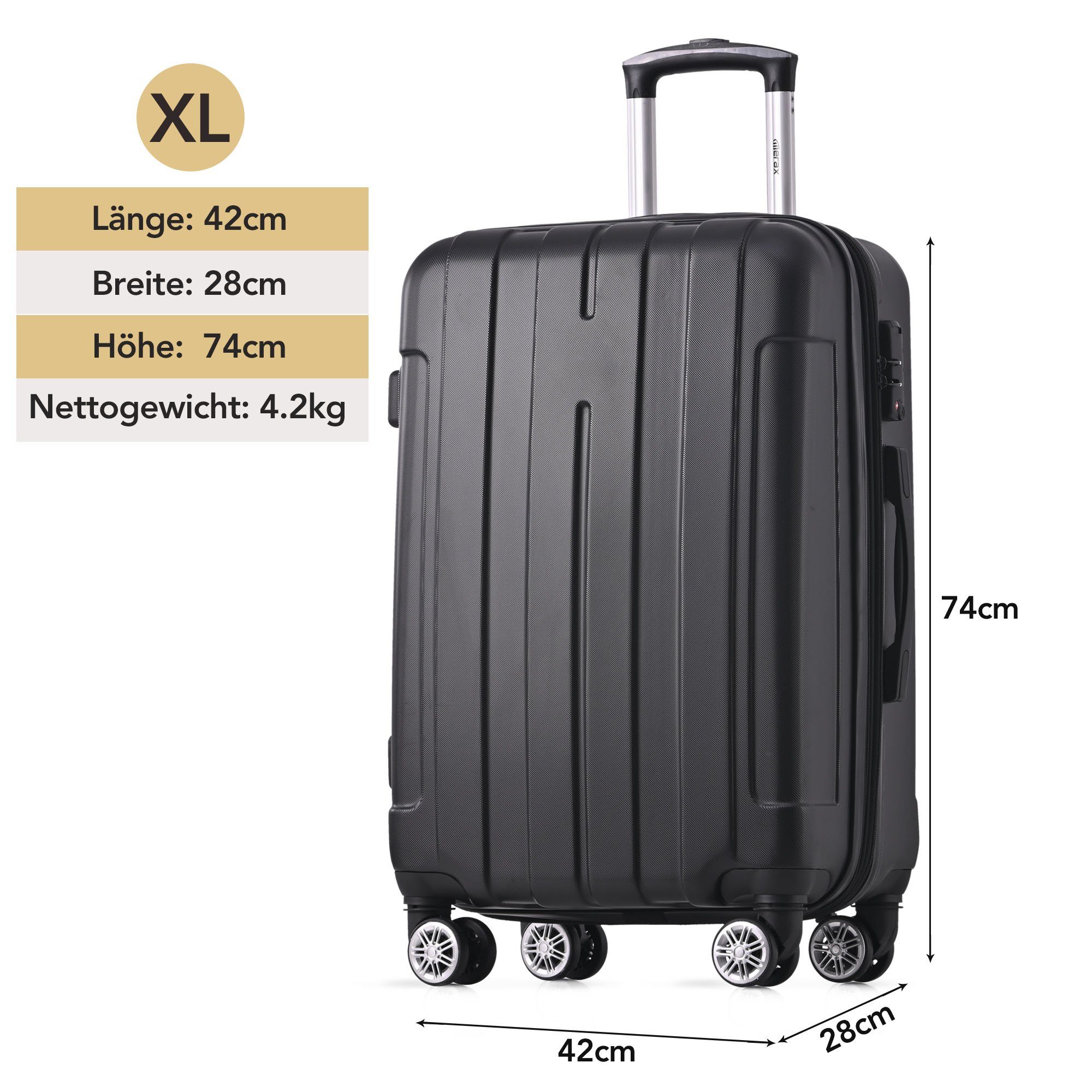 Kofferset maximiertem mit Schwarz XLHartschalen-Handgepäck und ABS-Material Handgepäckkoffer 360-Grad-Drehrollen Spinnerräder TSA-Schloss Stauraum, EXTSUD