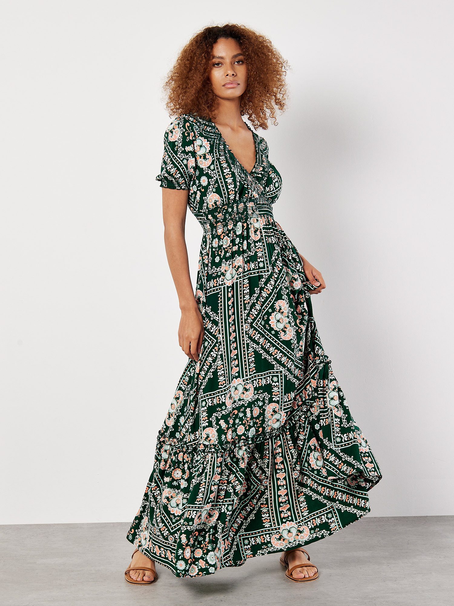 Maxikleid Scarf Print Smocked Dress