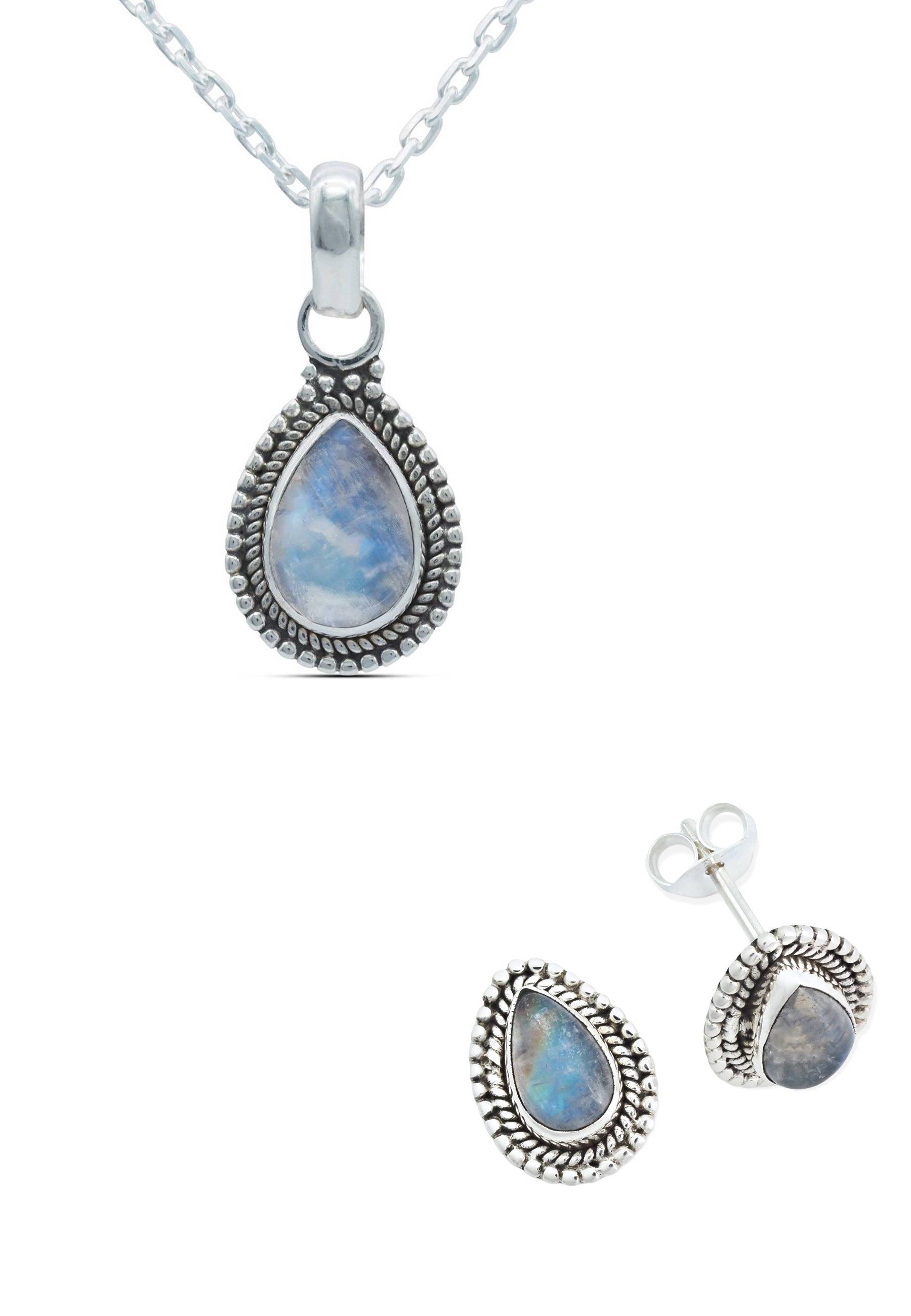 mantraroma Schmuckset 925er Silber mit Regenbogen Mondstein (Schmuckset aus 925 Silber)