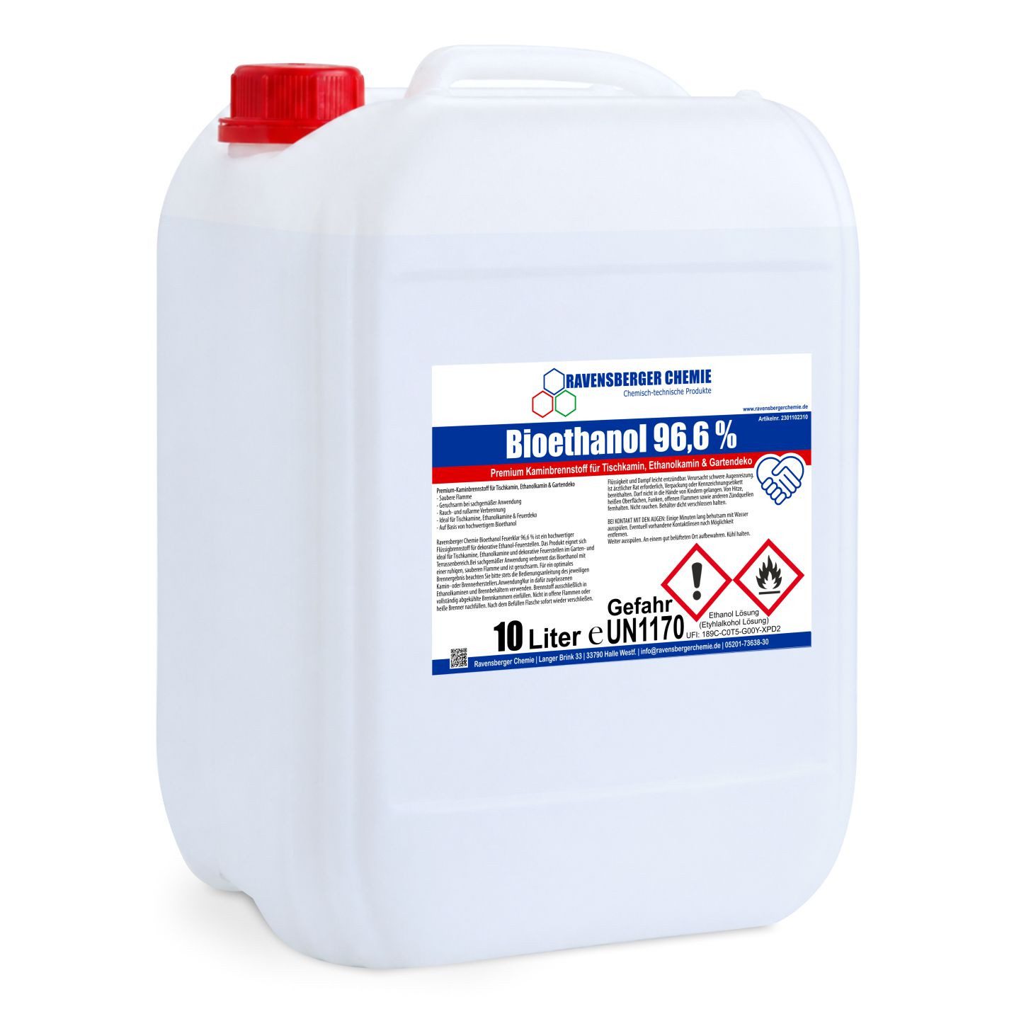 Ravensberger Chemie Bioethanol 96,6 % Premium Kamin Brennstoff für Tischkamin Ethanol - 10L, 10 l, Premium Bioethanol 96,6 % für Tischkamin & Ethanolkamin - 10 Liter
