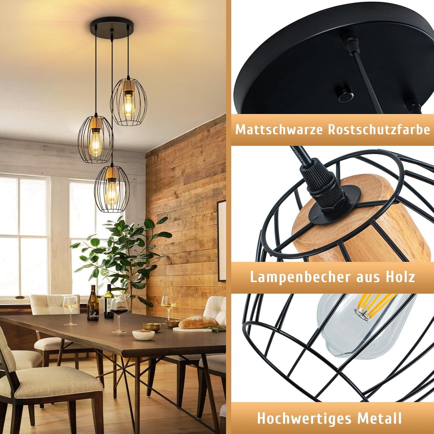 Nettlife Pendelleuchte Vintage Schwarz 3flammig Industrielle Eleganz aus Metall Holz E27, ohne Leuchtmittel, für Wohnzimmer Esszimmer Küche Schlafzimmer in Rest – Bild 4 von 5