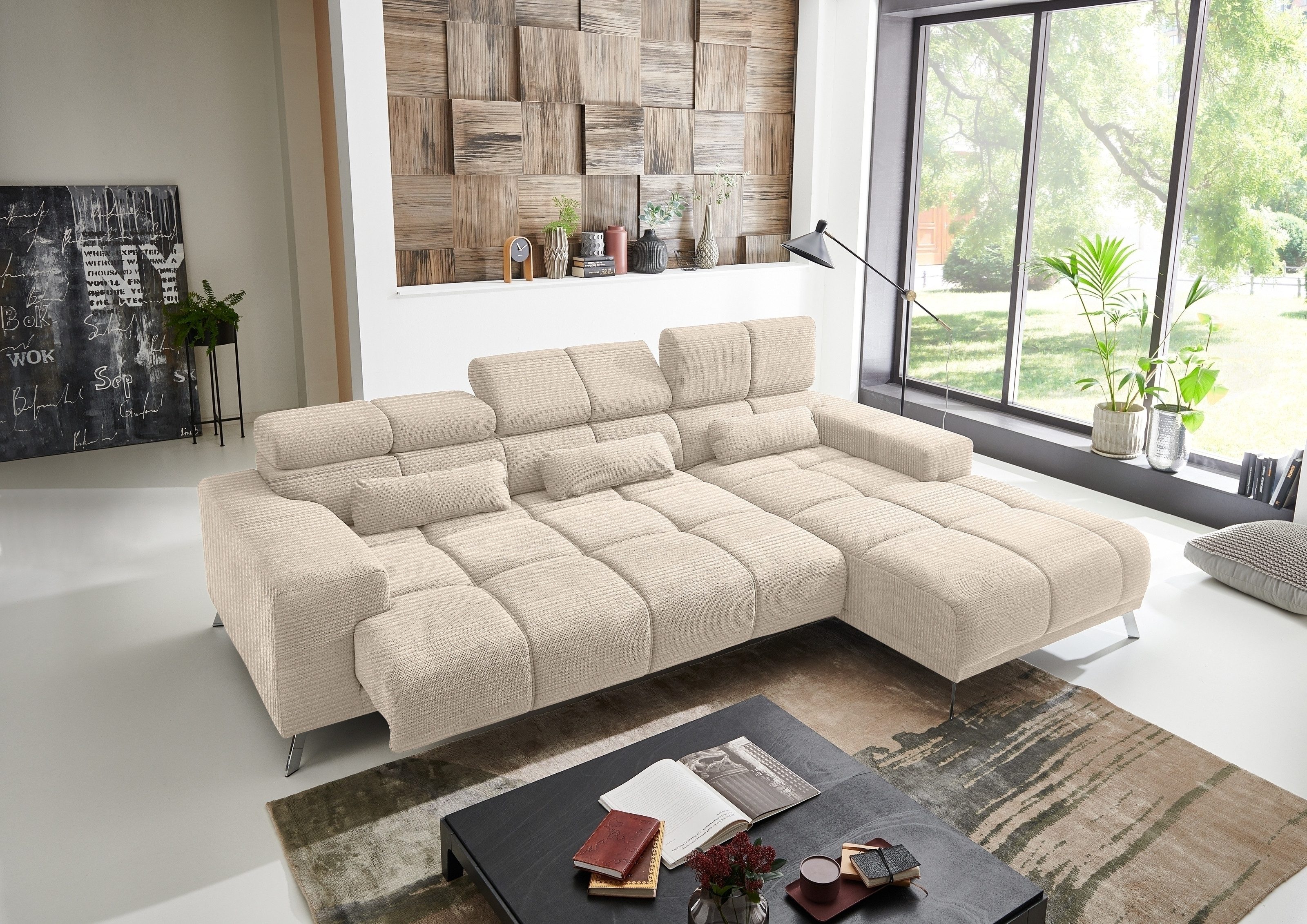 Iwaniccy Wohnlandschaft elektr. Sitztiefenverstellung, cord beige - 285x99x201cm (BxHxT)