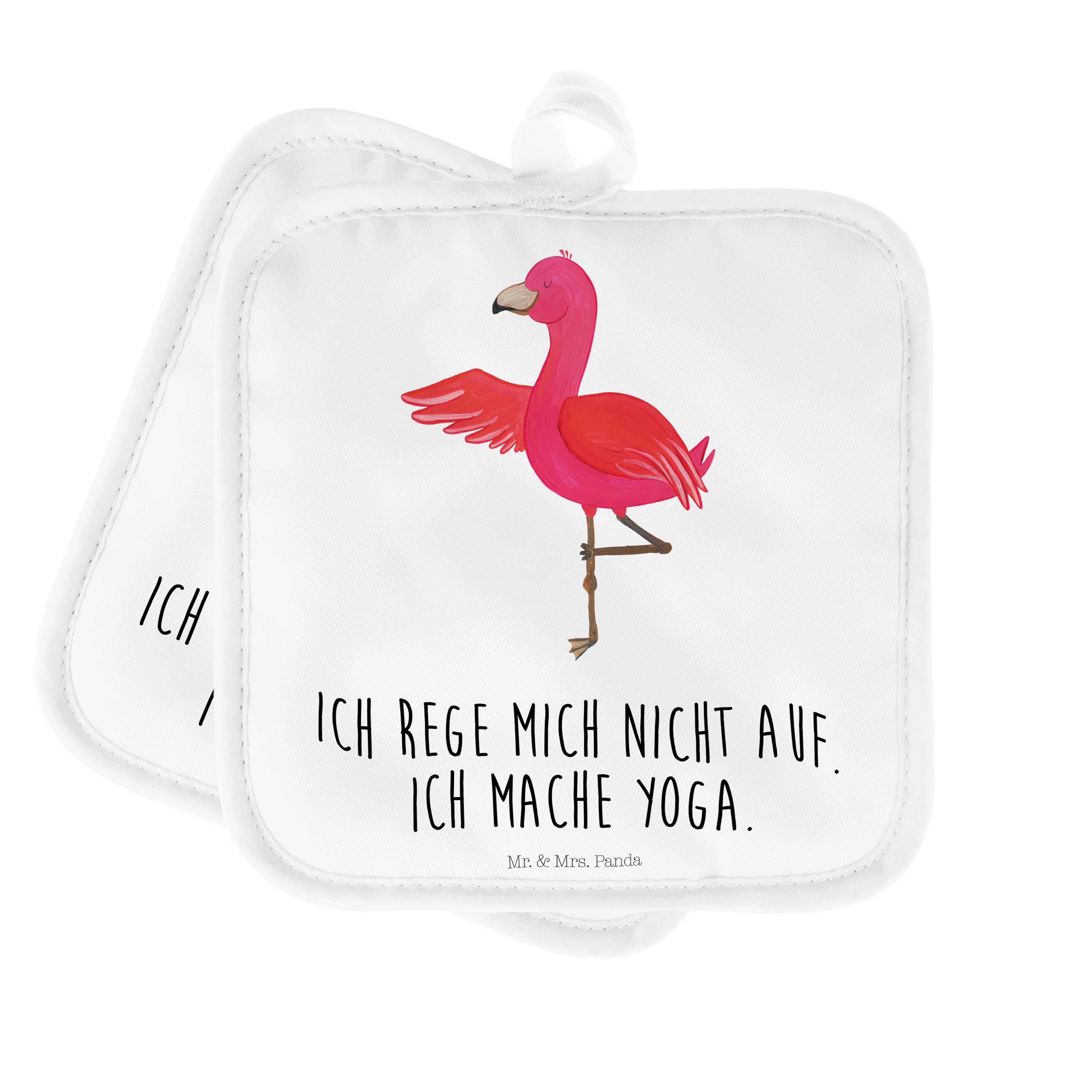 Mr. & Mrs. Panda Topflappen Flamingo Yoga - Weiß - Geschenk, Yoga-Übung, Topflappen mit Spruch, E, (1-tlg)
