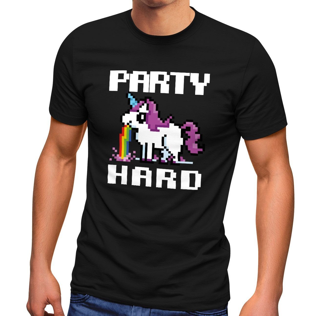 MoonWorks Print-Shirt Herren T-Shirt Party Hard kotzendes Einhorn Fun-Shirt Saufsprüche Spruch lustig Moonworks® mit Print