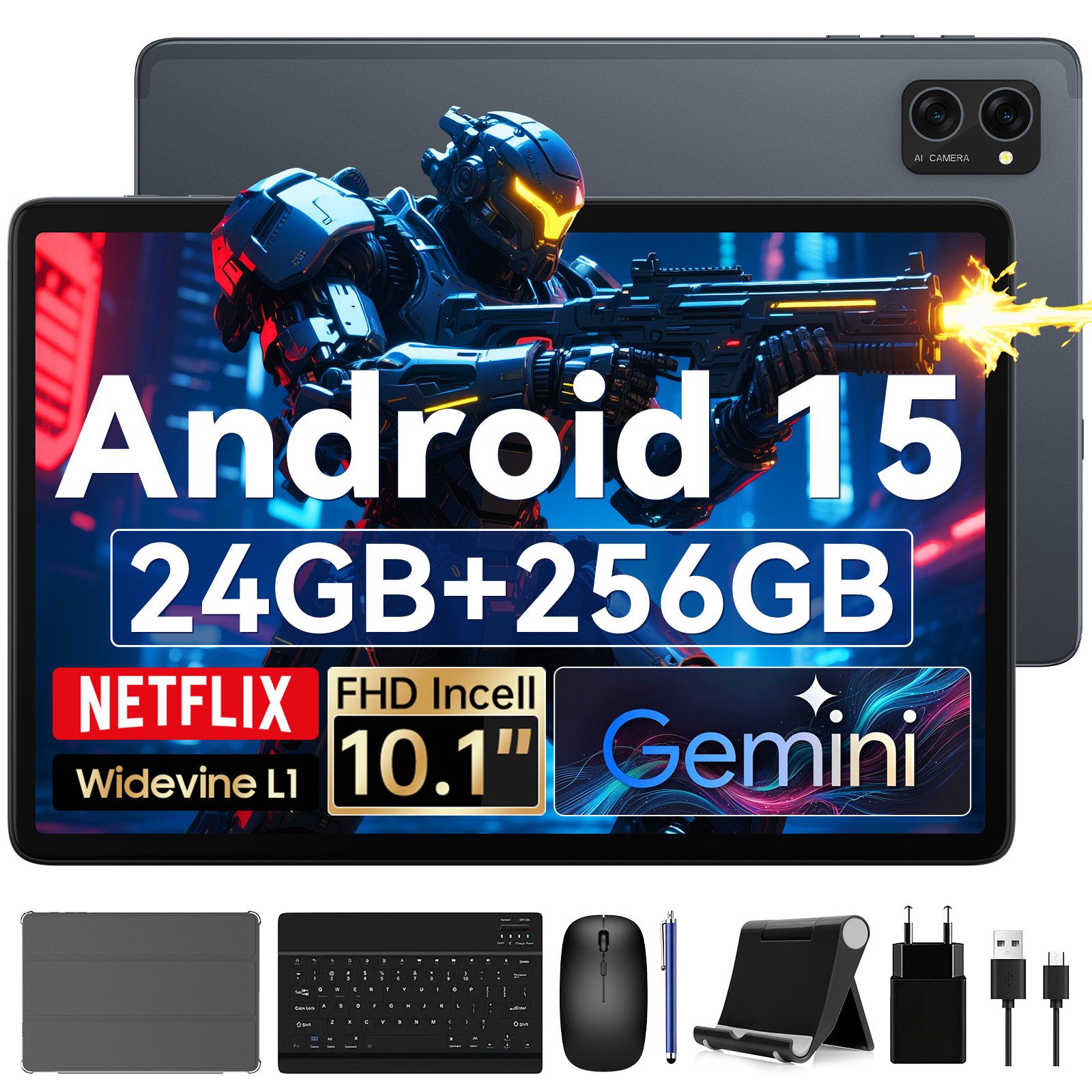 VekfulPC 10" Android 15 256GB Set Tablet (10", 256 GB, Android 15, Android 15, mit Stift/Maus/Tastatur, Gemini Al)