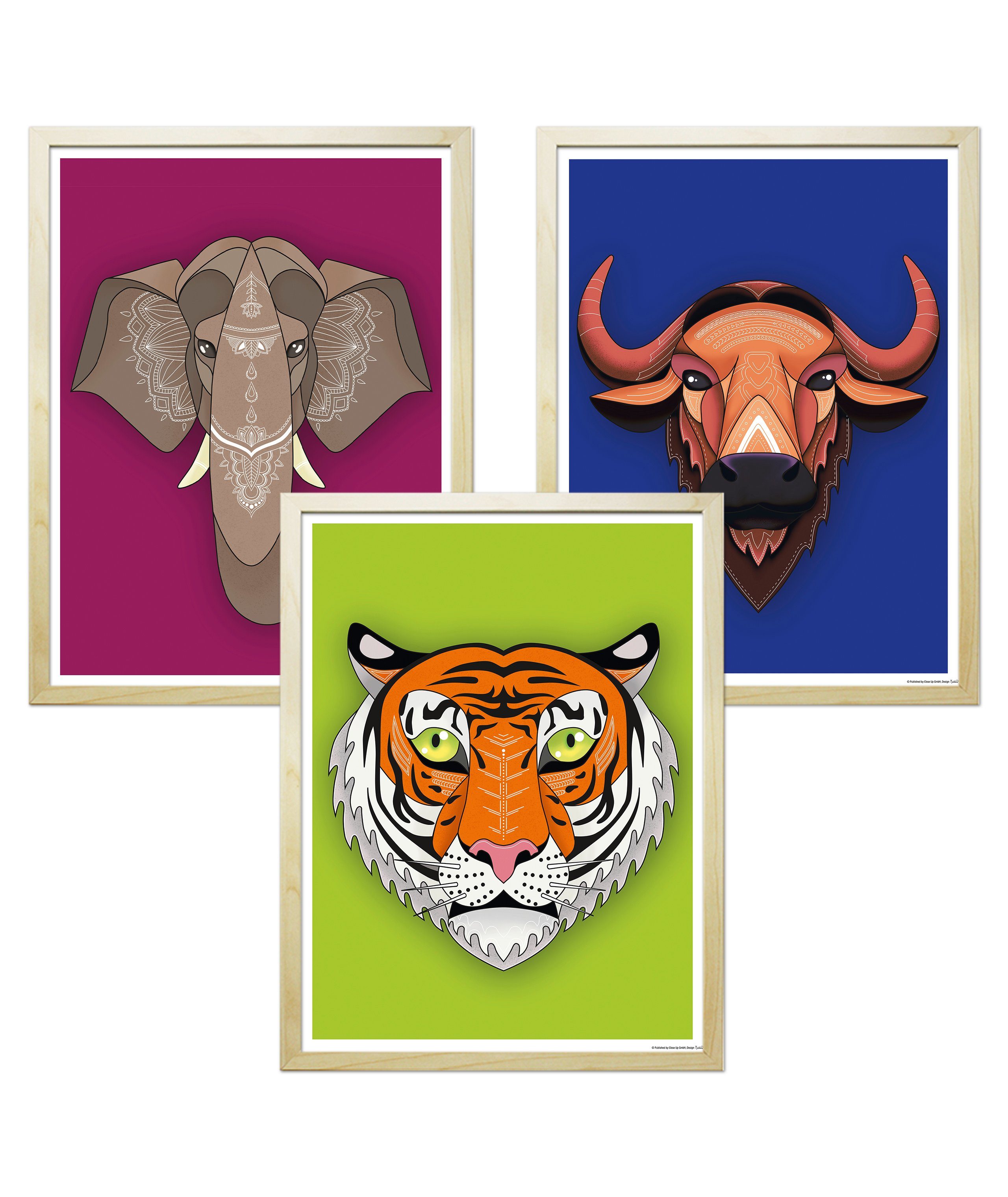Close Up Kunstdruck Asiatische Tiere Kunstdruck 3er-Set gerahmt kieferfarben
