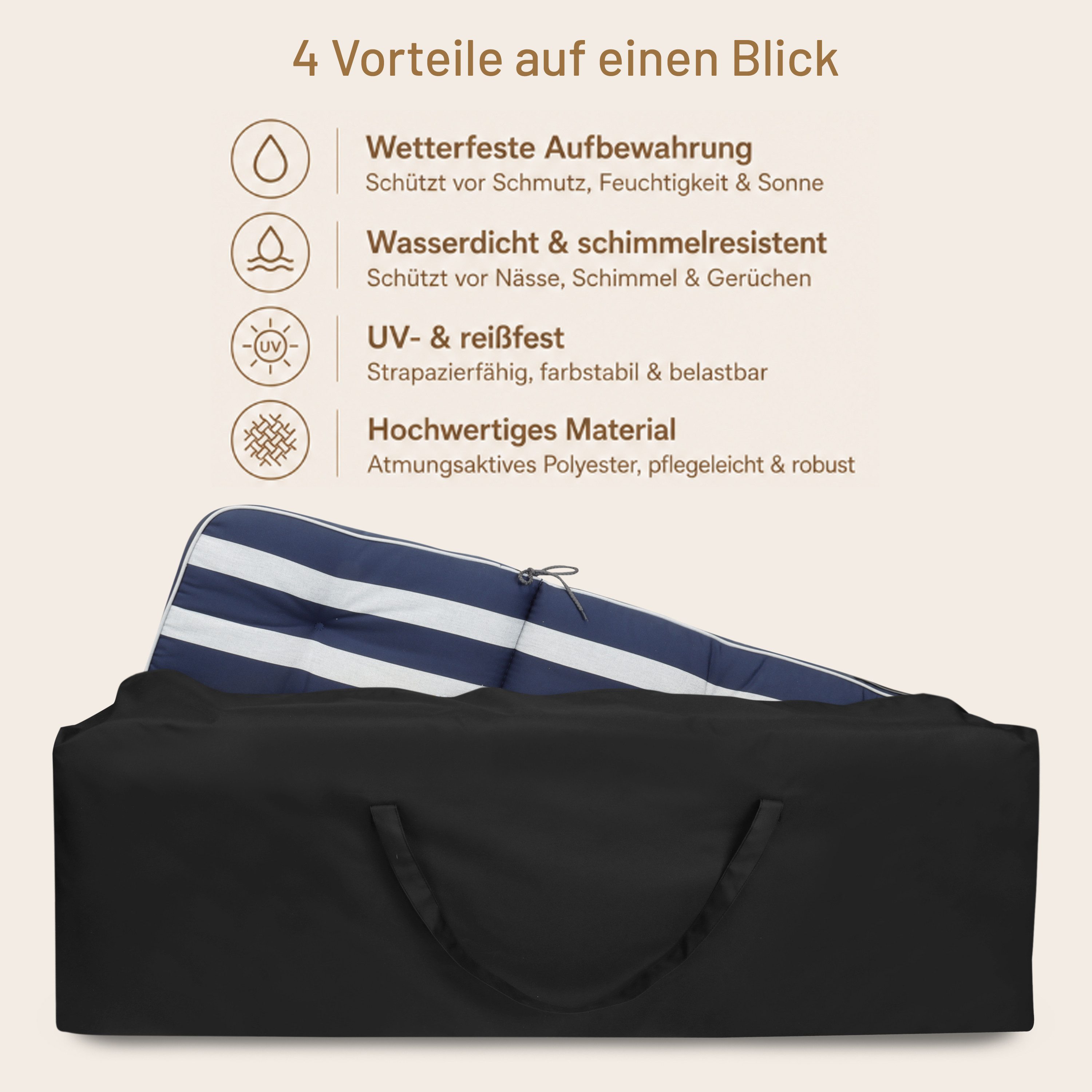 Herlag Gartenmöbel-Schutzhülle Polstertasche für Gartenauflagen (4-6 Stk), Hoch- & Niedriglehner, wetterfest & UV-beständig, 128×30×51cm, Schwarz – Bild 4 von 5