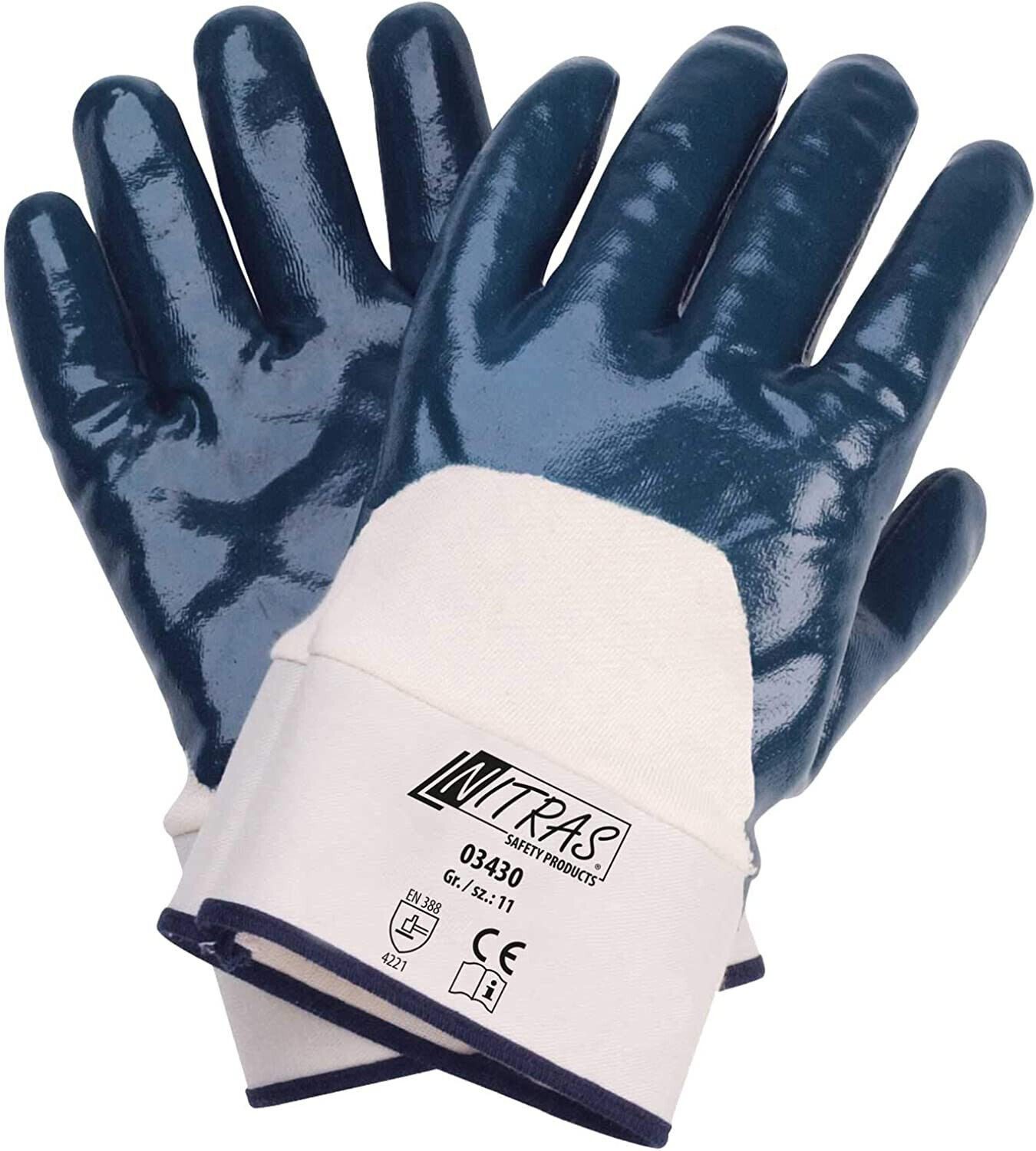 Nitras Nitril-Handschuhe 03430 Nitrilhandschuhe 3/4 Beschichtung blau (Packung, 12-St., VPE= 12 Paar, Gr 8-11) Stulpe/robust