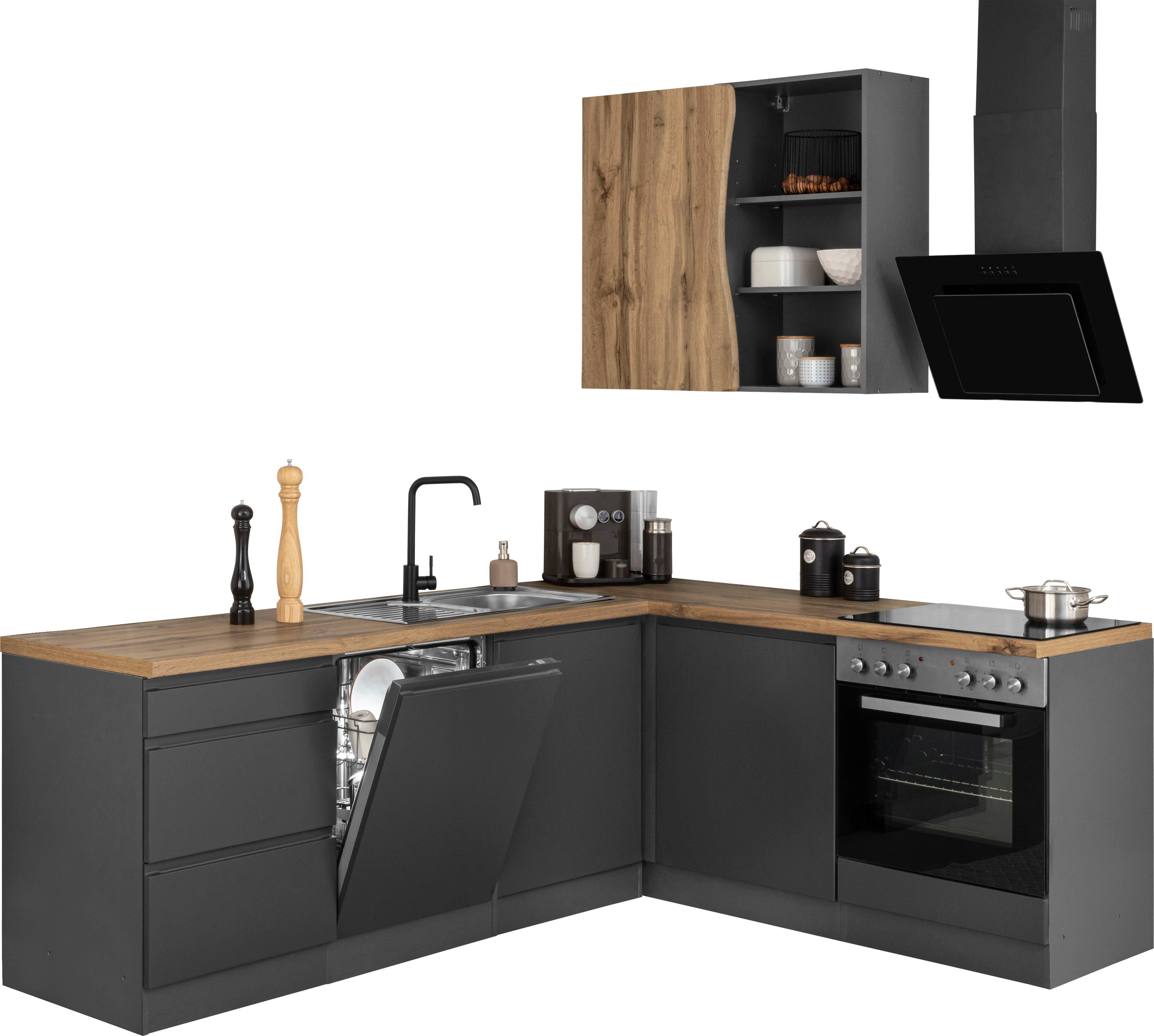 Cuisine d'angle avec poste de cuisson KS-Bruneck, largeur d'encastrement 240/180 cm, avec ou sans électroménager, MDF
