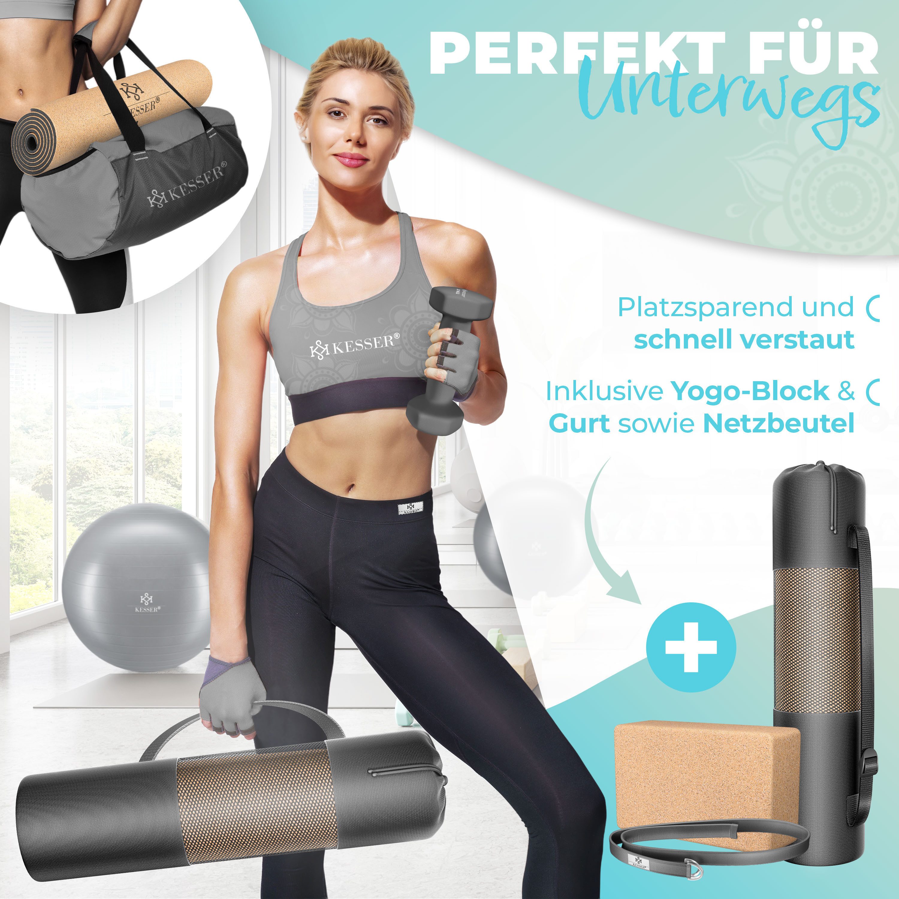 KESSER Yogamatte, Fitnessmatte Kork mit Tragegurt & Tasche Gymnastikmatte Trainingsmatte