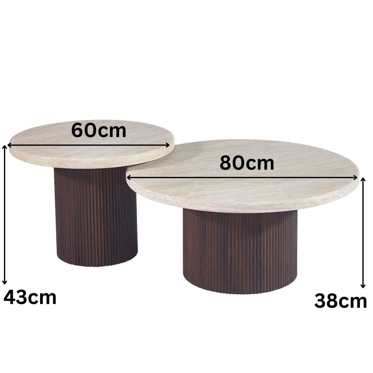alesvelt Couchtisch Trivento Travertin-Design Tischplatte 2er-Set im edlen Säulenstil (2-er Set), Ø80X38 CM + Ø60X43 CM