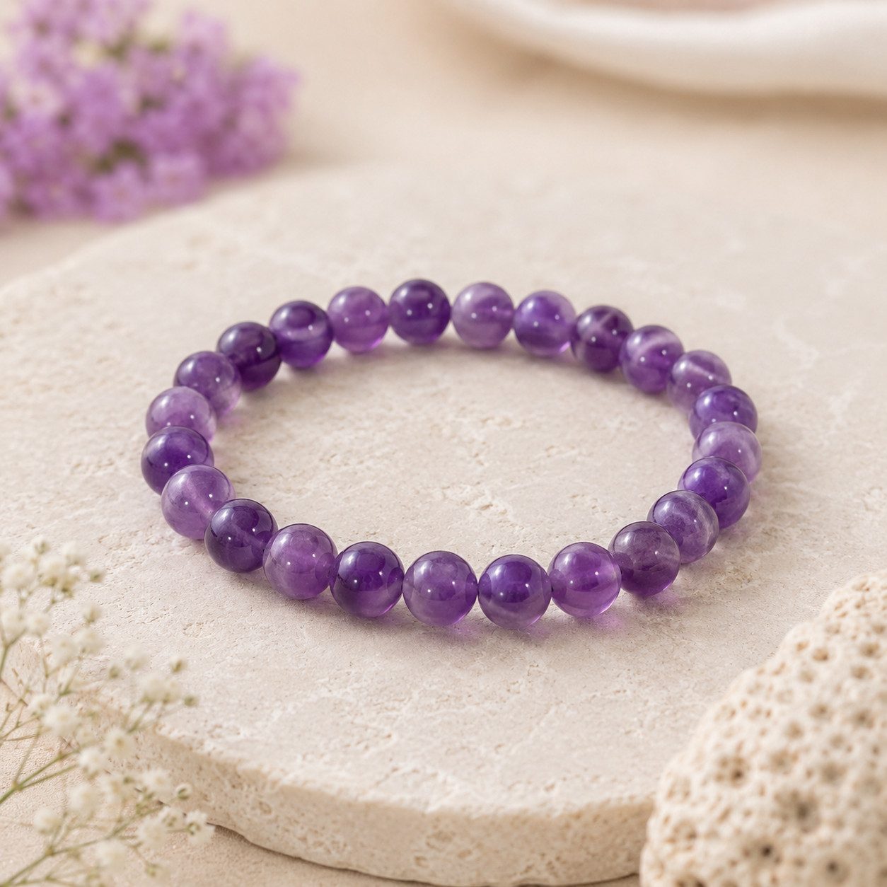 Karmandala Charm-Armband elegantes Naturstein Armband mit Edelstein Kugeln 8 mm, Amethyst Echtstein Edelstein Armband