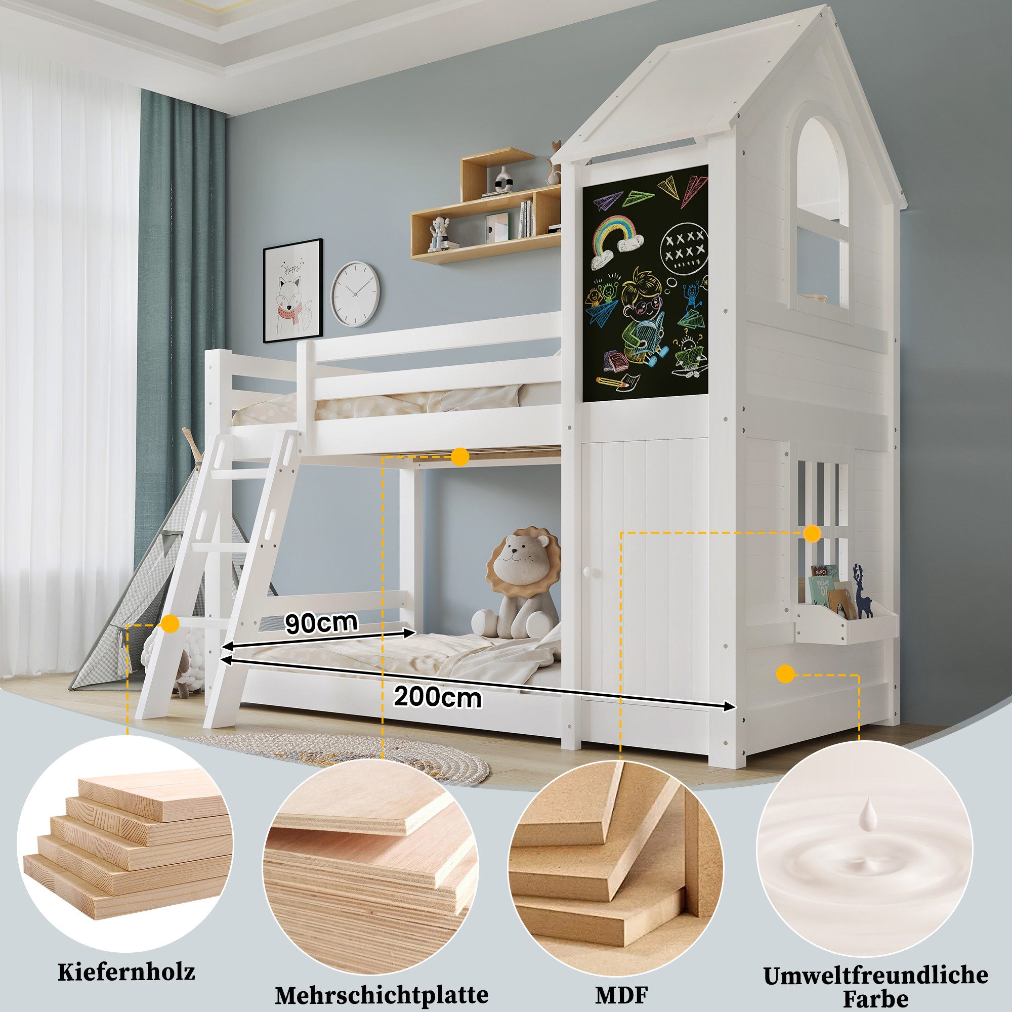 OKWISH Etagenbett Kinderbett Holzbett (mit kleiner Tür, Fenster, Dach, Tafel und stabilen Lattenrosten), schräge Dreistufenleiter, ohne Matratze